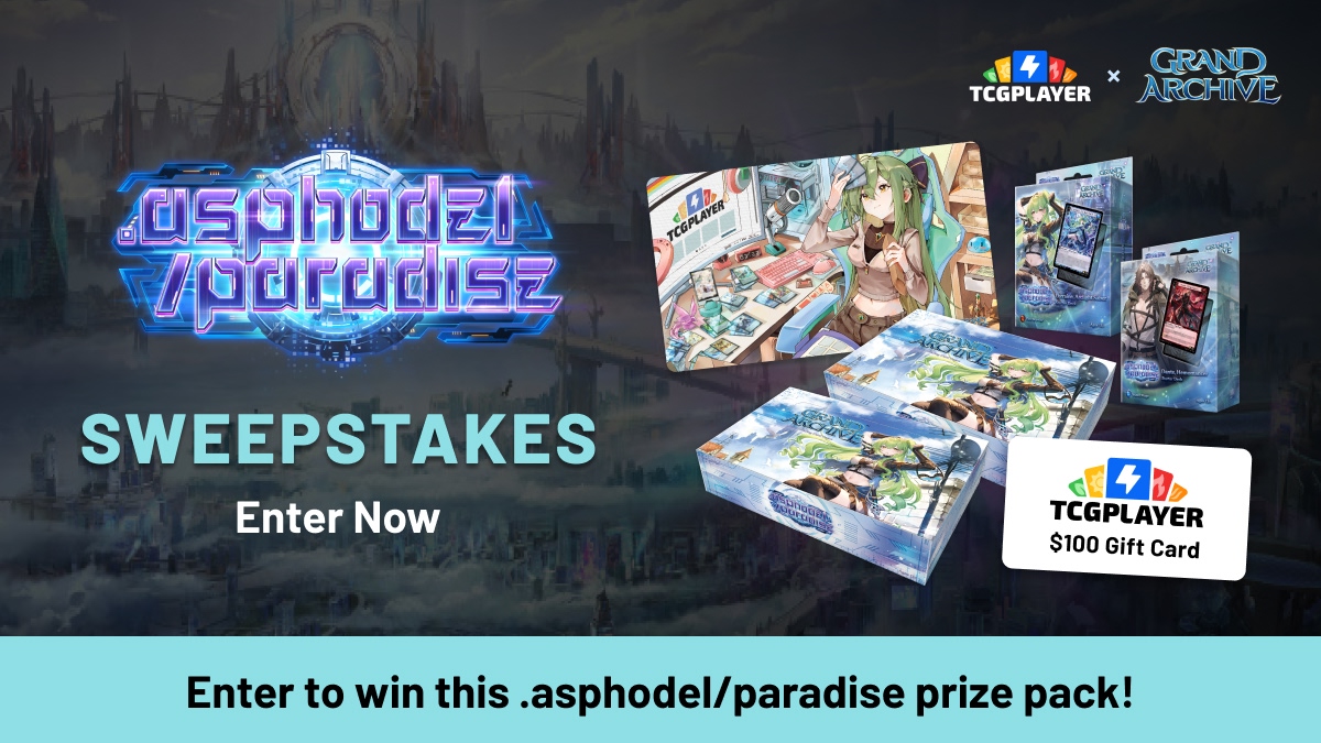 TCGplayer's tweet photo. Traverse the world of Asphodel, and guide your champion to the truth! The latest set of @grandarchivetcg asphodel/paradise is almost here, and we’re giving you the chance to stock up for your journey. Enter before 8/19 to win: https://t.co/RXx3rPqRA1