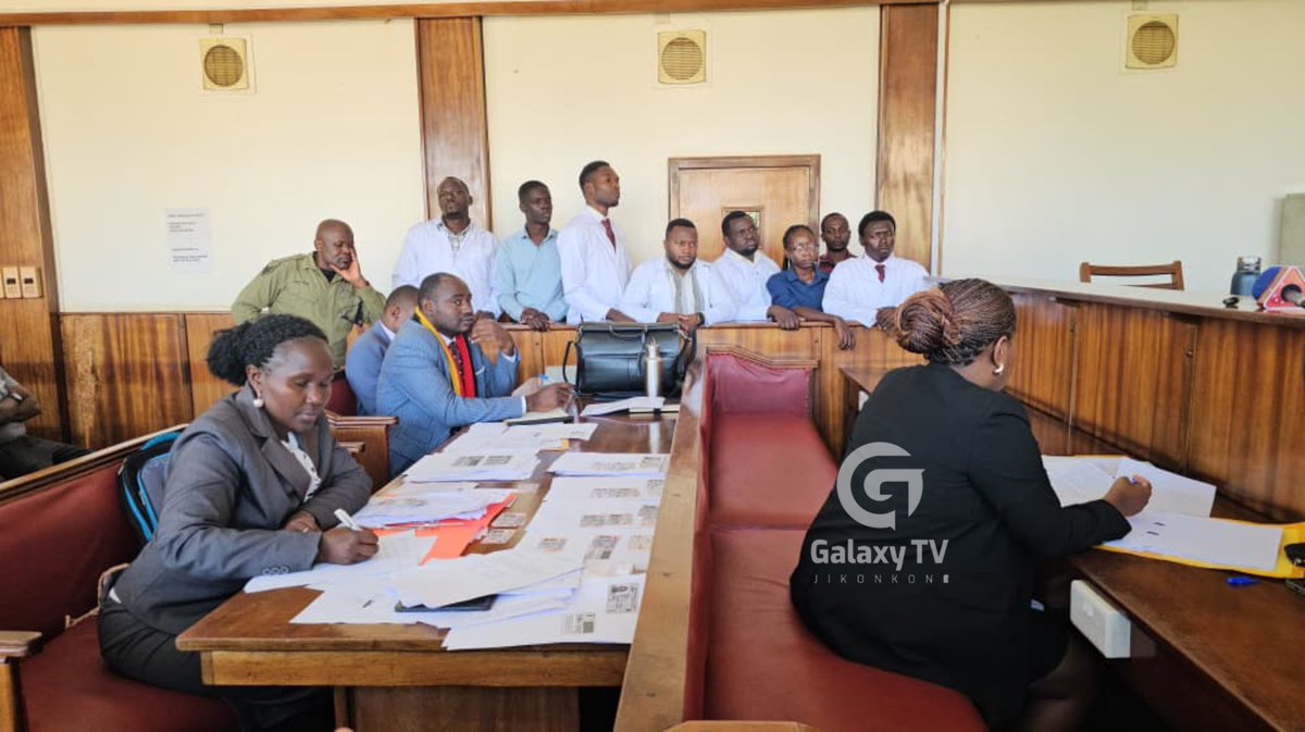 GalaxyTVUg's tweet photo. UPDATE: 8 medical interns arrested along Parliamentary Avenue while protesting delayed deployment &amp; unpaid stipends have been charged at Buganda Road Court! 

They’ve been sent straight to Luzira over charges of being a public nuisance!

 #GalaxyTVNews https://t.co/YLYhhnMxuQ