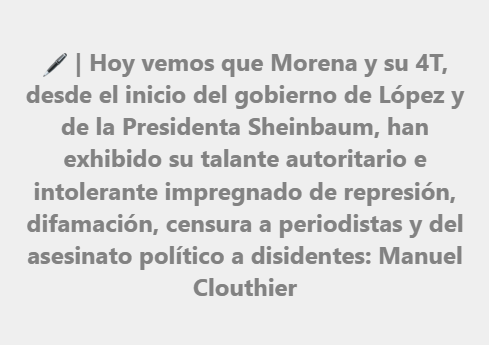 noroestemx's tweet photo. 🖊️ | Para esta semana, @ClouthierManuel entrega Retroceso autoritario con la 4T, en donde advierte cómo desde AMLO hasta Sheinbaum ha habido represión no solo contra políticos disidentes, sino también contra la prensa
🔗 https://t.co/W8N18QLeg4 https://t.co/KyccZO436O