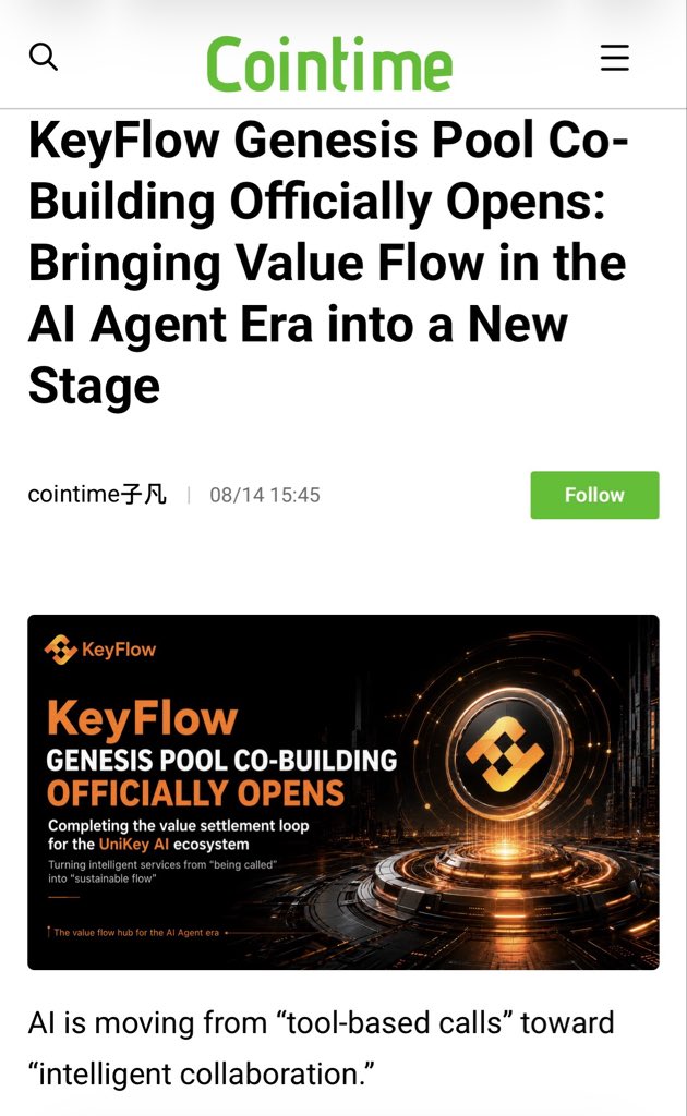 KeyFlow_EN's tweet photo. KeyFlow Genesis Pool Co-Building Officially Begins｜Value Flow Enters a New Stage in the AI Agent Era

AI is evolving from standalone tool usage toward an era of intelligent service collaboration.

As AI Agents, Workflows, and automated services continue to develop, the key challenge ahead is no longer simply creating more intelligent capabilities, but how to connect, utilize, and enable these capabilities to form a continuously flowing value system.

KeyFlow is building the value flow foundation for the AI Agent era:
➡ UniKey connects the global AI capability network
➡ KeyFlow organizes value flow across AI services
➡ KEY serves as the core carrier connecting AI usage, ecosystem collaboration, and long-term value relationships

The launch of Genesis Pool Co-Building marks a new stage for KeyFlow’s value flow ecosystem:
🟡 Establishing an early value foundation for the AI service ecosystem
🟡 Connecting users, developers, Agents, and ecosystem participants
🟡 Providing foundational support for future AI service usage, ecosystem settlement, and value circulation

The future of AI is not only about creating more Agents, but also about building connections, collaboration, and value circulation among intelligent services.

📖 Read the full analysis to learn how KeyFlow explores the value flow infrastructure for the AI Agent-native era:
🔗 Tagin Labs：
https://t.co/QlLeRumsjC

🔗 Cointime：
https://t.co/XxK4l5GNAm