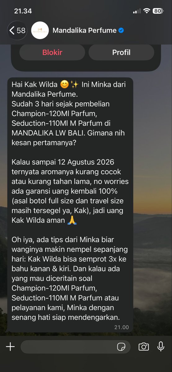 edeedaa's tweet photo. dari dulu tertarik banget sama parfum mandalika dan akhirnya beli juga yg parfum intensenya

wangi dan tahan lama banget. ada garansi uang kembali jika kita ngerasa kurang tahan lama atau ga suka sama wanginya

bahkan aku sampai di ingatkan melalui whatsapp jika mau refund https://t.co/NMvNBuzC9n