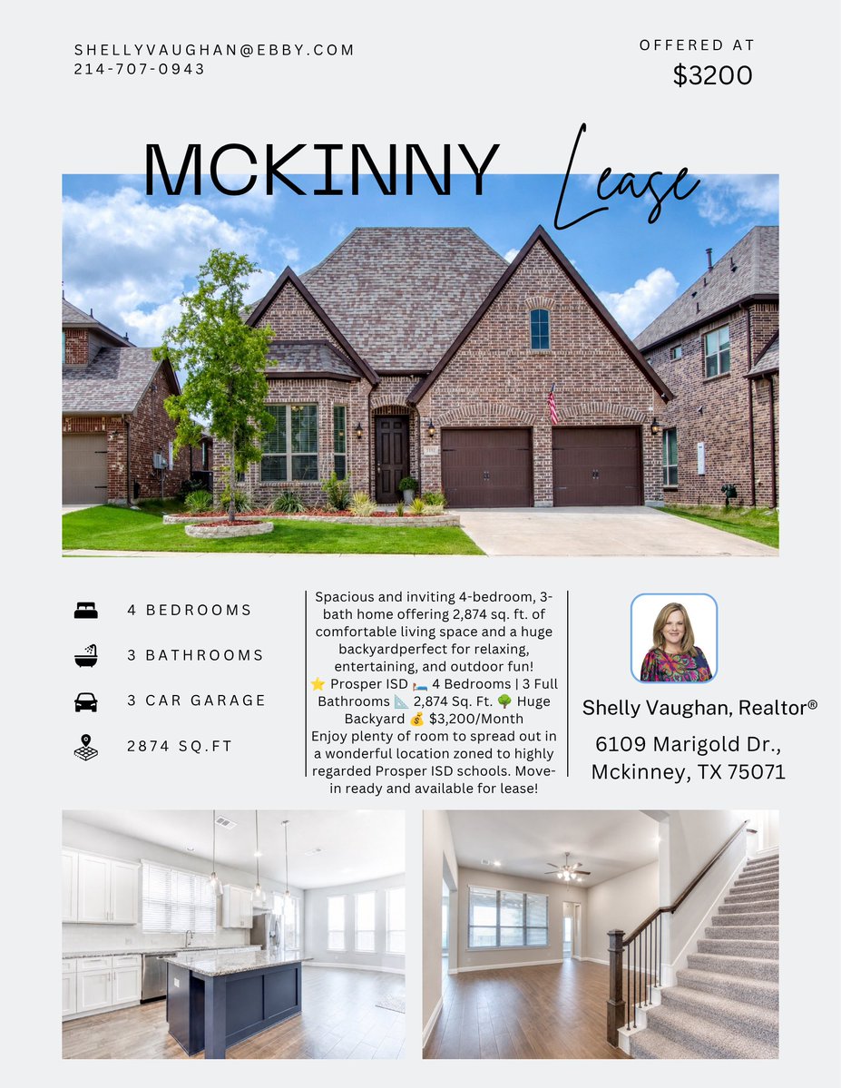 soldonshellydfw's tweet photo. 🏡 FOR LEASE | 6109 Marigold Drive, McKinney
Spacious and inviting 4-bedroom, 3-bath home offering 2,874 sq. ft. of comfortable living space and a huge backyardperfect for relaxing, entertaining, and outdoor fun!
⭐ Prosper ISD 🛏️ 4 Bedrooms | 3 Full Bathrooms 📐 2,874 Sq. Ft. 🌳 Huge Backyard 💰 $3,200/Month
Enjoy plenty of room to spread out in a wonderful location zoned to highly regarded Prosper ISD schools. Move-in ready and available for lease!🏡 FOR LEASE | 6109 Marigold Drive, McKinney
#McKinneyTX #McKinneyRealEstate #McKinneyForLease #McKinneyRental #ProsperISD #ProsperISDHomes #ForLease #HomeForRent #DFWRentals #DFWRealEstate #NorthTexasRealEstate #TexasHomes #RentalHome #McKinneyHomes #MoveInReady #HouseForRent #CollinCountyRealEstate #LeaseListing #DFWHomes #TexasRealEstate #mckinneylease #soldonshellydfw