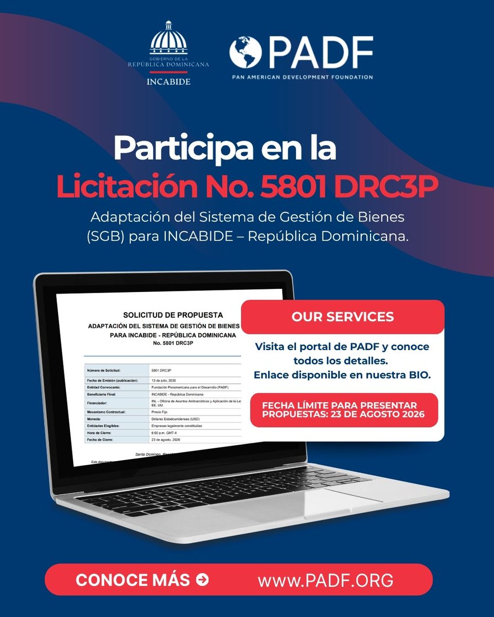 INCABIDERD's tweet photo. ¡Participa en la Licitación No. 5801 DRC3P!

Adaptación del Sistema de Gestión de Bienes (SGB) para INCABIDE – República Dominicana.

Consulta las bases, conoce los requisitos y descarga el documento de la convocatoria directamente desde el portal de PADF
Fecha límite 23 agosto https://t.co/iOYcgI6Ey5