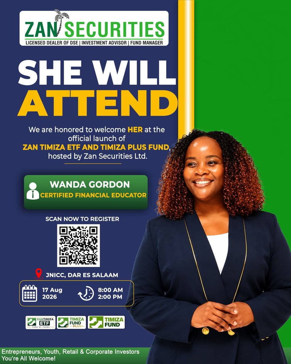 ZanSecurities's tweet photo. 🚀 The countdown is on!

Join us for the launch of ZAN Timiza ETF &amp; Timiza Plus Fund.

📍 JNICC, Dar es Salaam
🗓️ 17 Aug 2026 | ⏰ 8AM–2PM
🎟️ FREE Entry — scan the QR code to reserve your seat!
#ZANSecurities #ZANTimizaETF #TimizaPlusFund https://t.co/sL4uF4LZOT