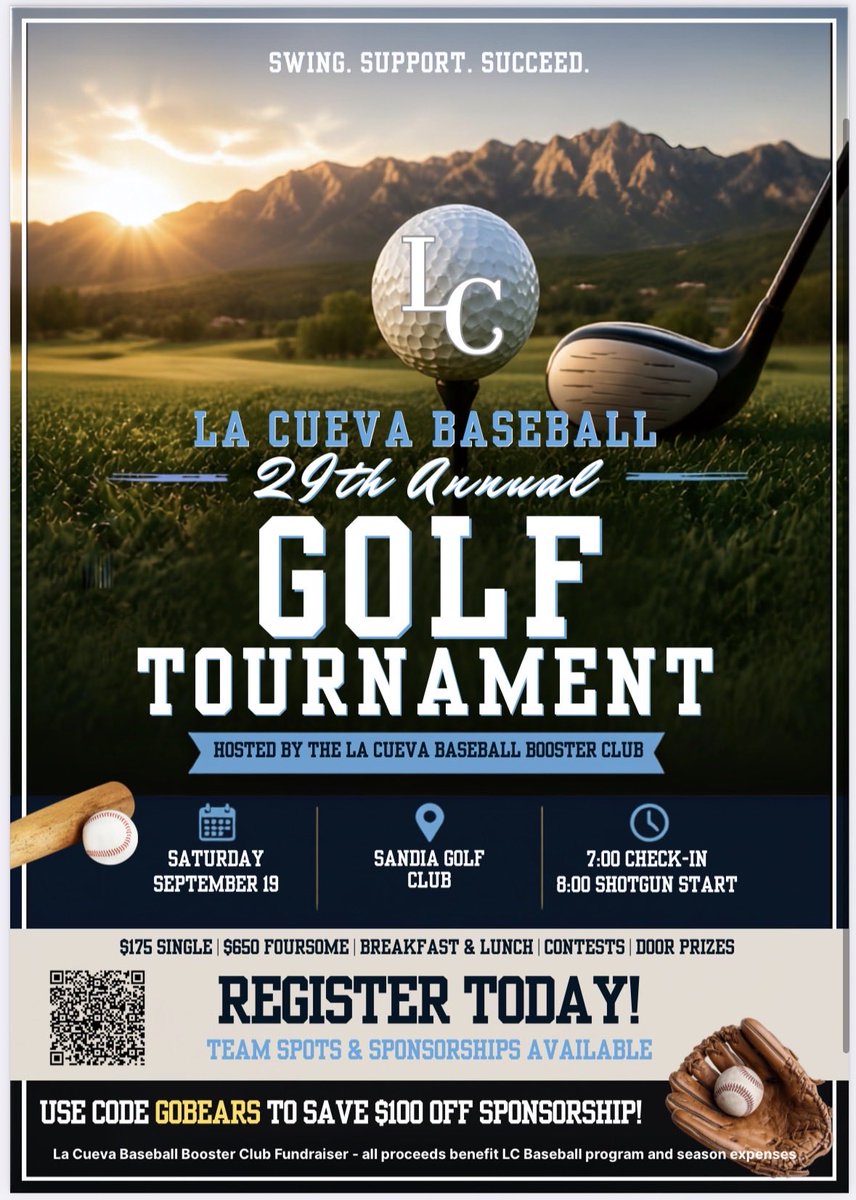 LaCuevaBaseball's tweet photo. We’d love to see you for our 29th Annual Golf Tournament 
Find more information &amp; registration at https://t.co/fqk12ETzbL https://t.co/vrcLzyR5qD