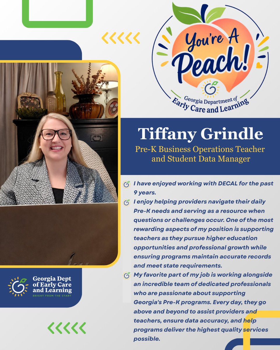 CommJacobs's tweet photo. We’re celebrating Tiffany Grindle with a 🍑! Here are just a few reasons why. 👏💙

Tiffany’s dedication, hard work and commitment to serving Georgia’s children and families make her a true #DECALDifference! We’re grateful for all she does. 🍑✨ https://t.co/Cm1eLrhqXn