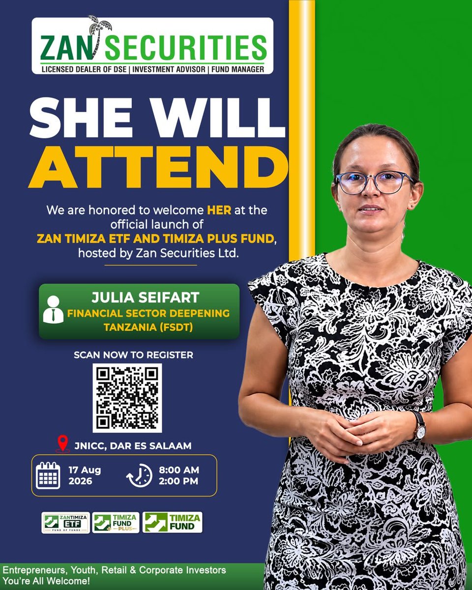 ZanSecurities's tweet photo. 🚀 The countdown is on!

Join us for the launch of ZAN Timiza ETF &amp; Timiza Plus Fund.

📍 JNICC, Dar es Salaam
🗓️ 17 Aug 2026 | ⏰ 8AM–2PM
🎟️ FREE Entry — scan the QR code to reserve your seat!

#ZANSecurities #ZANTimizaETF #TimizaPlusFund https://t.co/JZsnApZw76