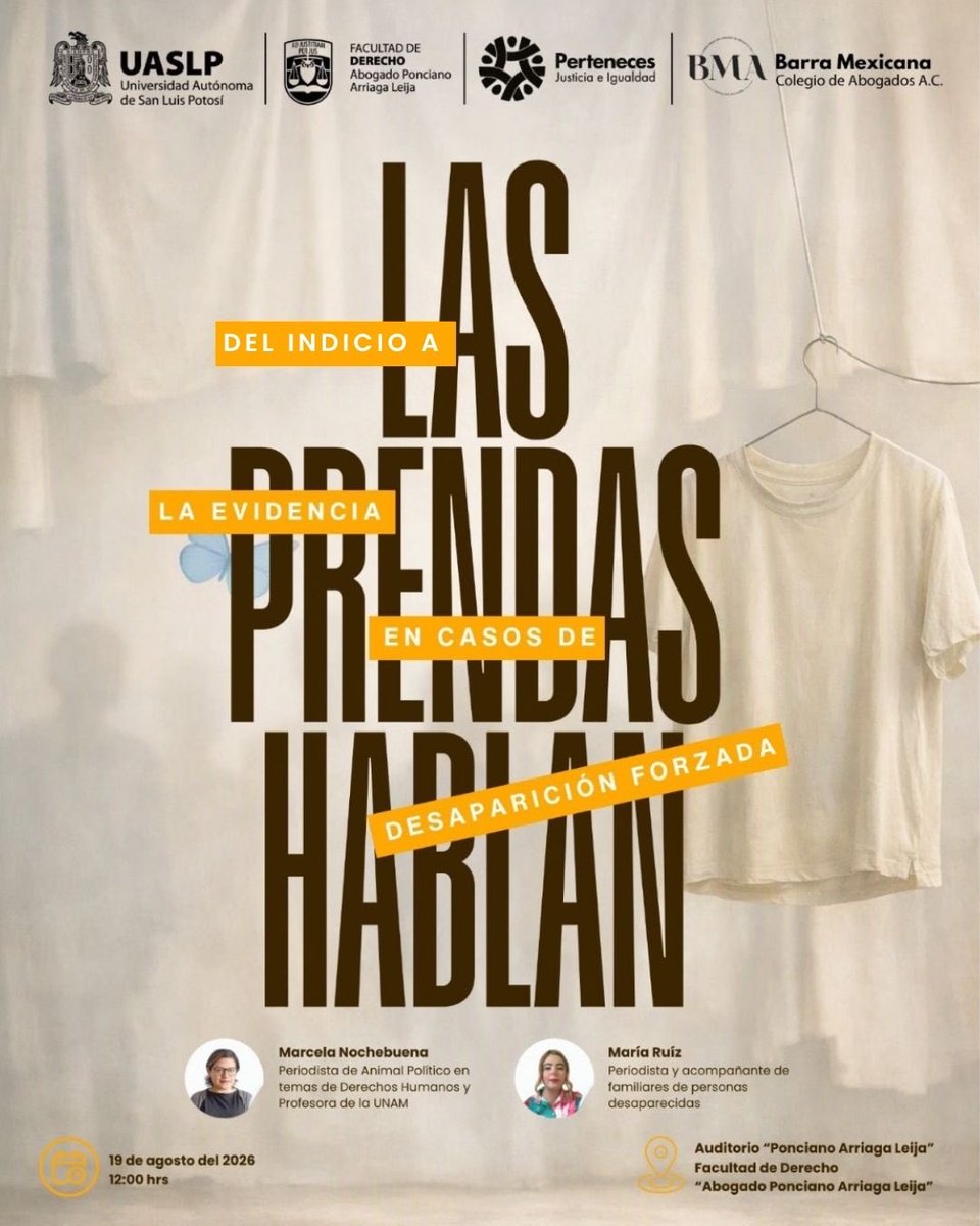 PertenecesAC's tweet photo. La Facultad de Derecho de la Universidad Autónoma de San Luis Potosí, la Barra Mexicana de Abogados, Capítulo San Luis Potosí, y Perteneces A.C. les invitan a este conversatorio sobre la investigación periodística en torno a las desapariciones forzadas en México.

Contaremos con la participación de Marcela Nochebuena, periodista de Animal Político, quien compartirá su experiencia y los hallazgos de su trabajo de investigación sobre esta problemática. Con comentarios de María Ruiz. 

Generando un espacio de reflexión desde la perspectiva de los derechos humanos, la procuración de justicia, las obligaciones del Estado y los retos que enfrentan las víctimas y sus familias en la búsqueda de verdad y justicia.

Un encuentro dirigido especialmente a la comunidad jurídica y a todas las personas interesadas en comprender, desde distintas perspectivas, uno de los grandes desafíos de nuestro sistema de justicia.

Les esperamos.