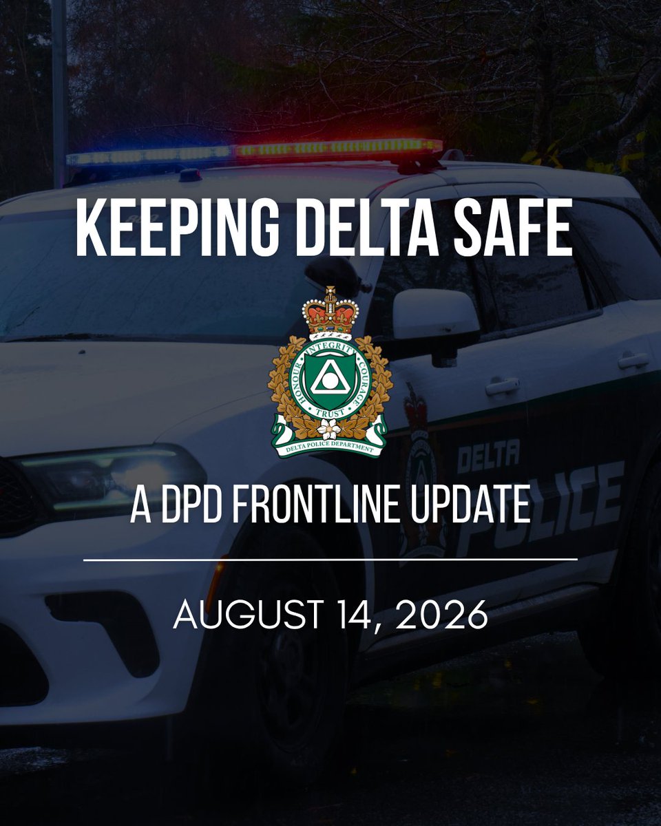 deltapolice's tweet photo. Keeping Delta Safe Community Update – August 14, 2026⁠

From responding to calls to proactive enforcement in our neighbourhoods, Delta Police officers are on the frontline every day, taking action to address crime, prevent harm, and protect our community. Here are some recent examples:

Drug and Weapons Seized During Traffic Stop | File 26-15081
C Platoon (Patrol) members conducting a traffic stop recently identified several additional offences upon approach, leading to the seizure of drugs and prohibited weapons from the occupants. Charges related to weapons possession, drug trafficking, and breaching court-ordered conditions are pending as the investigation progresses. Proactive enforcement efforts like these help identify criminal activity, hold offenders accountable, and enhance safety for everyone on our streets.

Patrol Support Team Assists in Recovery of Stolen Vehicle | File 26-14220
While conducting surveillance in a neighbouring jurisdiction recently, members of our Patrol Support Team (PST) located a vehicle recently reported stolen. PST members established covert surveillance to make an arrest; however, the vehicle was abandoned, and the investigation was assumed by the police of jurisdiction. PST routinely works alongside partner agencies, supporting investigations and sharing information to help combat crime across communities.

Drug Seizure Following Traffic Enforcement | Files 26-14146
A recent proactive traffic stop conducted by D Platoon (Patrol) officers resulted in the arrest of two individuals breaching their court-ordered release conditions, and the seizure of approximately 238 grams of illicit drugs in a child’s lunch kit. The investigation remains ongoing, with charges being pursued. Targeted enforcement and proactive policing continue to play an important role in disrupting drug trafficking and reducing the impact of illicit substances in our communities.

Your Delta Police Department is dedicated to proactive policing, strong partnerships, and making a difference in our community every day as we work toward #KeepingDeltaSafe.

#DeltaPolice #DeltaBC