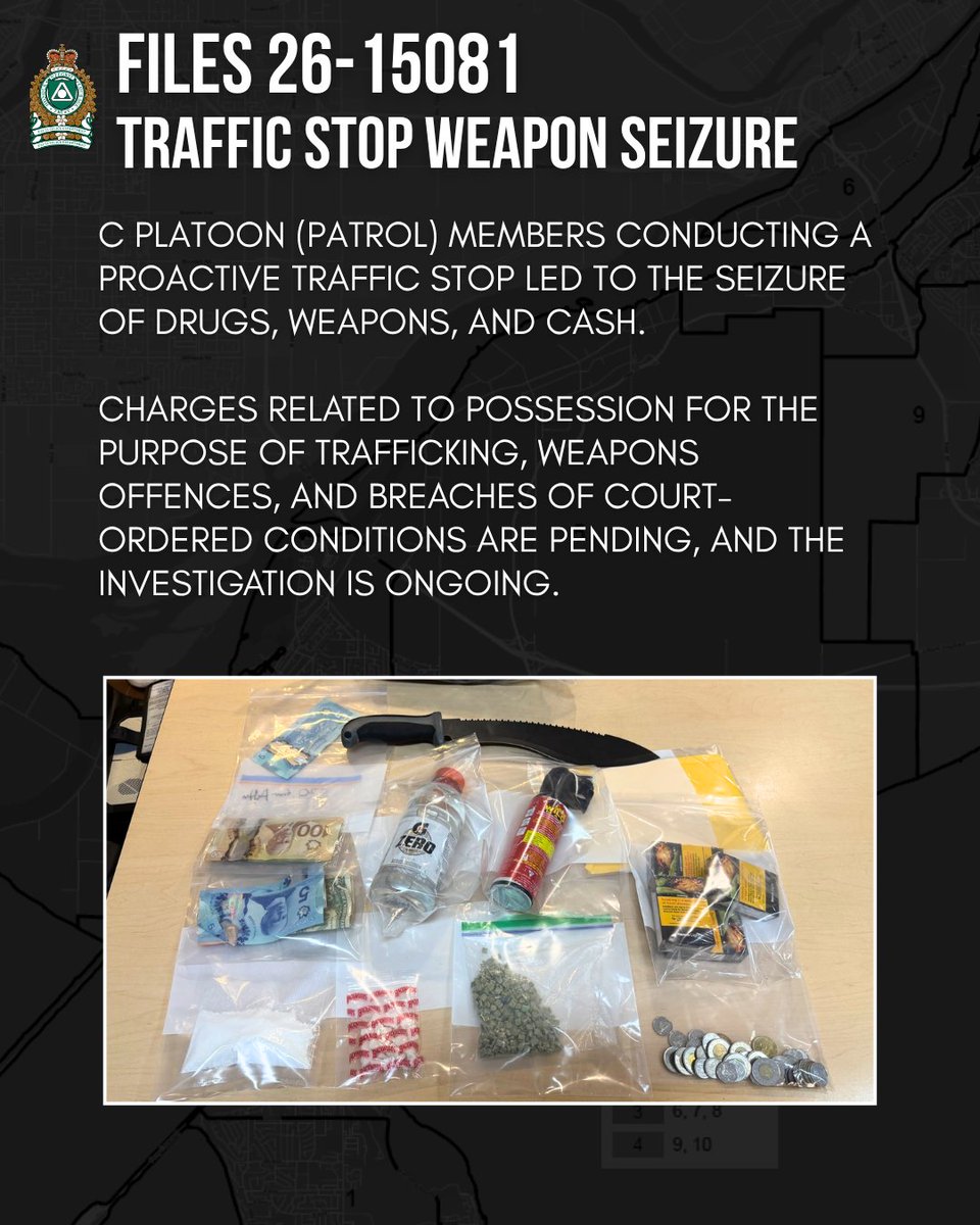 deltapolice's tweet photo. Keeping Delta Safe Community Update – August 14, 2026⁠

From responding to calls to proactive enforcement in our neighbourhoods, Delta Police officers are on the frontline every day, taking action to address crime, prevent harm, and protect our community. Here are some recent examples:

Drug and Weapons Seized During Traffic Stop | File 26-15081
C Platoon (Patrol) members conducting a traffic stop recently identified several additional offences upon approach, leading to the seizure of drugs and prohibited weapons from the occupants. Charges related to weapons possession, drug trafficking, and breaching court-ordered conditions are pending as the investigation progresses. Proactive enforcement efforts like these help identify criminal activity, hold offenders accountable, and enhance safety for everyone on our streets.

Patrol Support Team Assists in Recovery of Stolen Vehicle | File 26-14220
While conducting surveillance in a neighbouring jurisdiction recently, members of our Patrol Support Team (PST) located a vehicle recently reported stolen. PST members established covert surveillance to make an arrest; however, the vehicle was abandoned, and the investigation was assumed by the police of jurisdiction. PST routinely works alongside partner agencies, supporting investigations and sharing information to help combat crime across communities.

Drug Seizure Following Traffic Enforcement | Files 26-14146
A recent proactive traffic stop conducted by D Platoon (Patrol) officers resulted in the arrest of two individuals breaching their court-ordered release conditions, and the seizure of approximately 238 grams of illicit drugs in a child’s lunch kit. The investigation remains ongoing, with charges being pursued. Targeted enforcement and proactive policing continue to play an important role in disrupting drug trafficking and reducing the impact of illicit substances in our communities.

Your Delta Police Department is dedicated to proactive policing, strong partnerships, and making a difference in our community every day as we work toward #KeepingDeltaSafe.

#DeltaPolice #DeltaBC