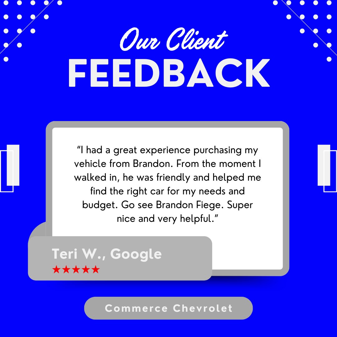 Commerce_Chevy's tweet photo. Thank you for your feedback, Teri. We're happy Brandon provided friendly and helpful service while assisting you in finding the right vehicle. We appreciate your recommendation. https://t.co/GRc4j8a0I3