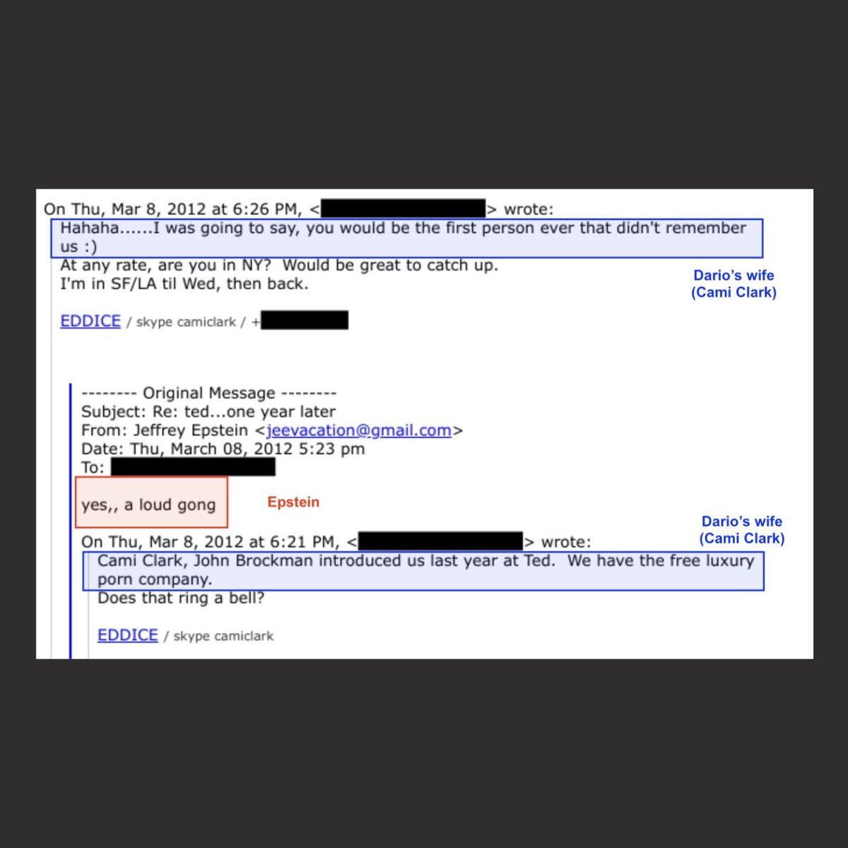 Crypto_Jargon's tweet photo. 🚨 THIS IS A WILD TURN IN THE NEW EPSTEIN FILES. 🤯

Anthropic CEO Dario Amodei's wife and informal adviser, Cami Clark, appears in a 2012 email exchange with Jeffrey Epstein.

And what she was pitching him is INSANE.

Clark wrote that she and a business partner had a "free luxury porn company" and asked Epstein if he remembered them.

Why Epstein?

She says John Brockman had introduced them at TED the previous year.

Epstein replied:

"I'm sorry, who is this?"

Clark reminded him.

Epstein's response?

"yes,, a loud gong"

Then, when the conversation continued, Epstein reportedly rejected the idea with:

"Can't do s*x TV."

Let that sink in.

The emails were released as part of the DOJ's Epstein files.

At the time, Epstein was already a registered s*x offender.

Today, Clark is married to the CEO of Anthropic, one of the most powerful AI companies in the world.

And according to recent reporting, she has also played an informal advisory role around Amodei and helped connect Anthropic with influential Silicon Valley figures.

A bizarre Silicon Valley connection buried in a 2012 email chain.

And the most surreal part?

Epstein turned down the porn deal.