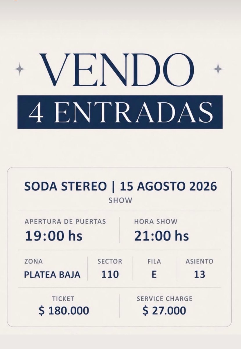 LuliLarghi's tweet photo. Vendo entradas para el show de soda stereo para el 15/08/26 en el Movistar arena !!!! https://t.co/OeUimvt7Py