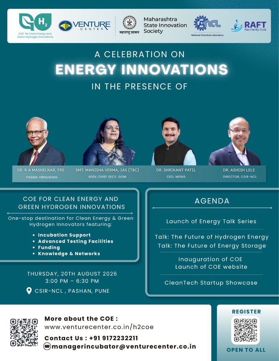 venture_center's tweet photo. A CELEBRATION ON ENERGY INNOVATIONS
Marking the formal inauguration of the Center of Excellence (CoE) for Clean Energy &amp; Green Hydrogen Innovations* — in the distinguished presence of Dr. R. A. Mashelkar, FRS (Padma Vibhushan)

🔗 Register Now: https://t.co/3JeMPE3gfg https://t.co/jpsULcJn83
