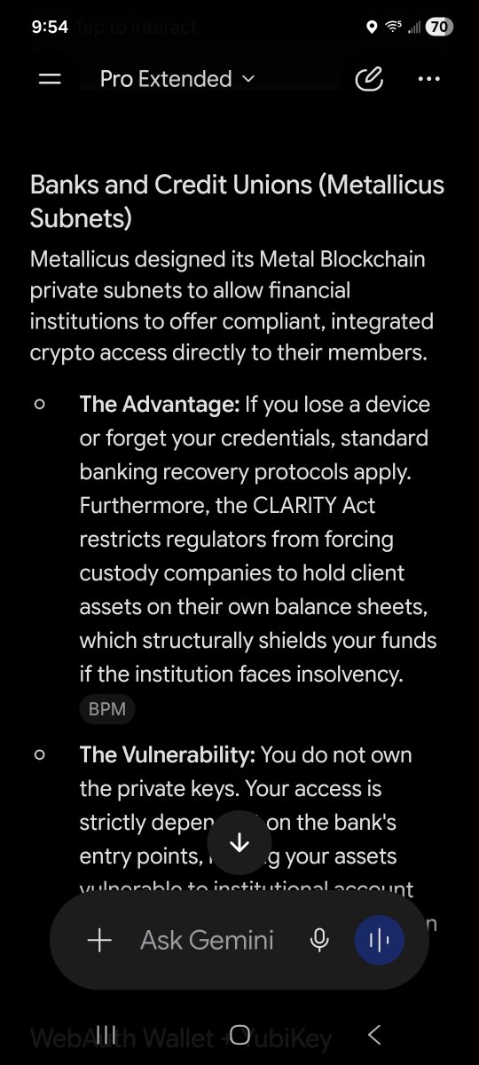 UNCMindPicks's tweet photo. @protoni58898454 @GeorgeKurupt This is Gemini response to hold your crypto with Banks/Credit Union private subnets vs Webauth wallet + Yubikey. https://t.co/hjWBDWr9R6