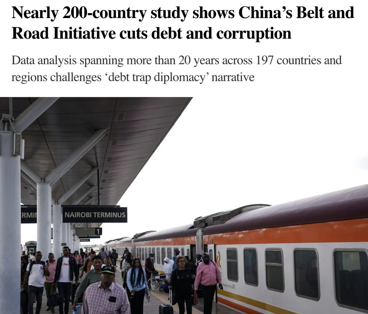 agent_of_change's tweet photo. Well this is awkward. Everything you’ve been told about the Belt and Road Initiative being a “debt trap” is provably wrong.

A new study from Nanjing University, published in the peer-reviewed Quarterly Journal of International Politics, has run the numbers on the Belt and Road Initiative across 197 countries and regions over 2000 to 2023 – including the 146 countries that have signed BRI agreements and the 135 where projects have been launched or completed.

The headline finding: there is no evidence that BRI participation increased financial vulnerability. Quite the opposite. Debt levels fell in participating countries, and the more infrastructure was built, the more debt fell.

The team also found improvements in corruption control, government effectiveness and quality of governance among recipient countries.

Study lead Mao Weizhun noted: the debt trap “lacks empirical support”, and the limited cases of genuine debt distress “were not caused by the Belt and Road Initiative or infrastructure construction, but by long-term structural economic problems accumulated by participating countries”.

The mechanism is not complicated. The investment paid for productive assets – ports, railways, power networks, communications. Those expand logistics capacity, industrial activity and the tax base, which is how a country repays a loan. This is the opposite of borrowing to service previous borrowing, which is what a great deal of Global South sovereign debt actually funds.

Somebody will point out that this is a study in a Chinese journal. Sure. But its findings are entirely consistent with what Western researchers found when they bothered to look. Chatham House demolished the debt trap thesis in 2020. Deborah Brautigam at Johns Hopkins has spent years documenting that Chinese lending to Africa is overwhelmingly infrastructure finance – around 40 percent to power generation and transmission, another 30 percent to transport – on a continent where over 600 million people have no electricity.

Over three-quarters of Global South external sovereign debt is owed not to states but to private Western financial institutions, which have no obligation to consider anybody’s development needs and every incentive to extract the maximum. As Tim Jones of Debt Justice UK has put it, Western leaders blame China for Africa’s debt crises, but their own banks, asset managers and oil traders are far more responsible; he further notes that China took part in the G20 debt suspension scheme during the pandemic while private lenders did not.

The debt trap is real enough, but it’s been set by Western financial institutions and their governments, not by China. The BRI is a South-South cooperation initiative that helps countries build productive capacity, and all serious analysis indicates that it’s strengthening rather than weakening the countries that participate.
