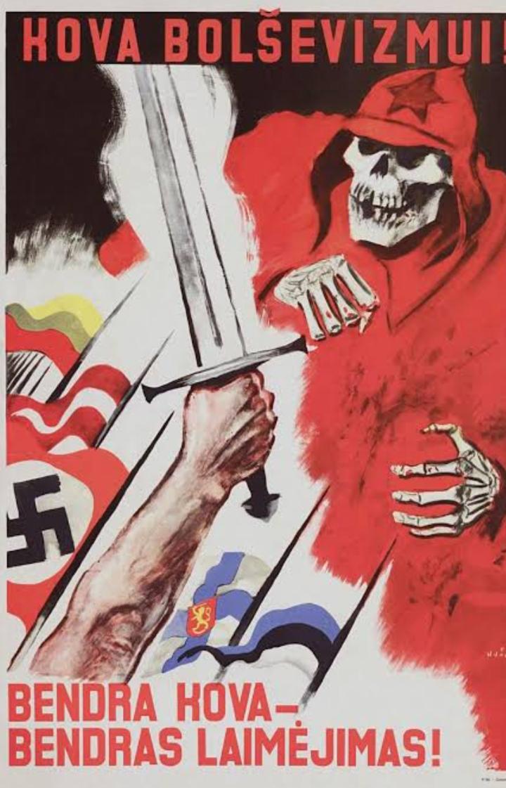 MissPavIichenko's tweet photo. Someone in the replies pointed out that this is actually taken from a Lithuanian Nazi poster and they edited a Ukrainian flag over the Nazi flag. 🙃 https://t.co/uPZImVBsYC