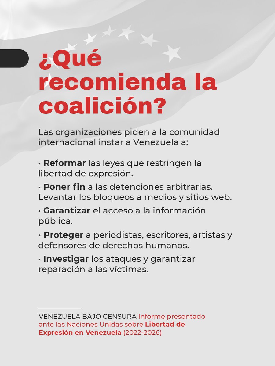 RSF_esp's tweet photo. 🇻🇪 La coalición pide reformar leyes restrictivas, levantar bloqueos, garantizar acceso a la información y poner fin a detenciones arbitrarias. También reclama protección para periodistas y defensores, incluidos quienes fueron forzados al exilio.

https://t.co/3PPAvYRbxB https://t.co/YbEjRvaVBP