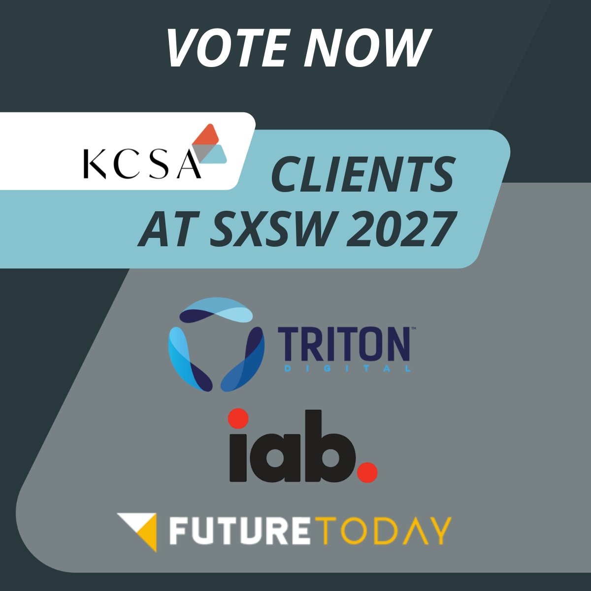 kcsastrategic's tweet photo. Our clients have 4 sessions up for SXSW 2027 voting! Click each link + heart to support:
Triton Digital:
https://t.co/XA2AnQA5gT
https://t.co/Ae2SjkWxc4
Future Today:
https://t.co/7Y5P9rqWlT
IAB:
https://t.co/z5qr4iOUzA
Vote by Aug. 23! https://t.co/8j9nn6GJVz