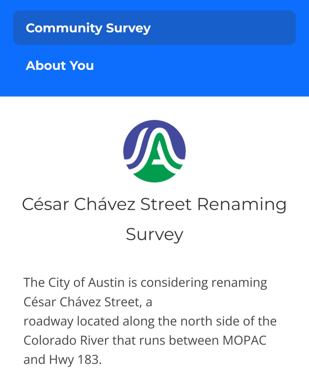 JenRobichaux's tweet photo. Austin is most likely going to rename Cesar Chavez Street. It's going to cost a ton of money and they're going to use somebody else's ideas unless you participate in the discussion. Take 5 minutes to complete this survey today.

Maybe let's not name it after a person. 

https://t.co/Fd1oFzQkvE