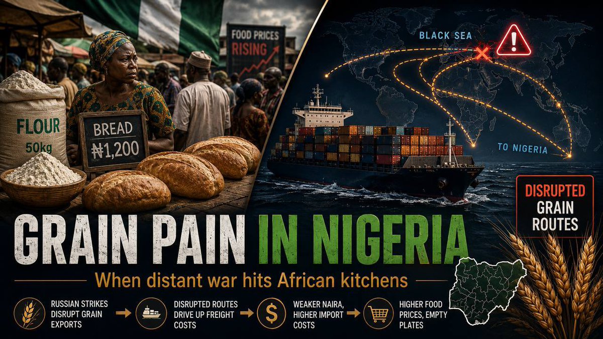NERO_Ggw's tweet photo. 1/7 🌾 Africa didn’t start this war. But African families can still pay for it.

Russian strikes on Ukraine’s grain-export infrastructure mean fewer cargoes, higher insurance and more pressure on global food prices.

For Nigeria 🇳🇬, that pain can travel far. #Nigeria #Africa https://t.co/b7WGKzbzfl