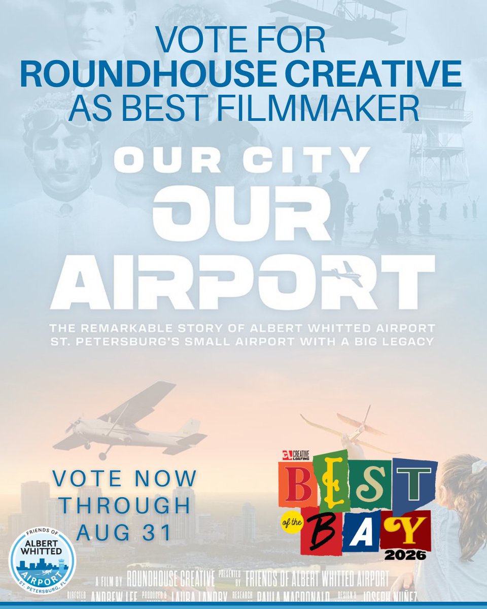 love4awa's tweet photo. Exciting news for the team behind Our City, Our Airport!

Andrew Lee &amp; @_roundhouse_ have been nominated for Best Filmmaker in Creative Loafing #Tampa Bay's Best of the Bay 2026. You can vote once every day through August 31 https://t.co/hPjOk86PTX 
#aviation #BOTB https://t.co/2s0S6AJlur