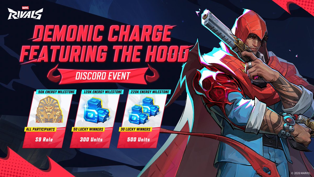MarvelRivals's tweet photo. DEMONIC CHARGE FEATURING THE HOOD! ⚡  

The demonic force is surging, and it's time to power up the community! Join the Demonic Charge event on Discord, charge up the energy milestones together, and unlock dark, exclusive rewards!  

Reach the energy goals to claim the S9 Role for all participants, and enter the giveaway for a chance to win up to 500 Units!  

Event Duration: August 12 - August 18 (UTC) 
Step 1: Join the community - https://t.co/f8RGy59LEX 
Step 2: Join the Event - https://t.co/nsW9ERJwYe  

Unleash your power and claim your demonic spoils!