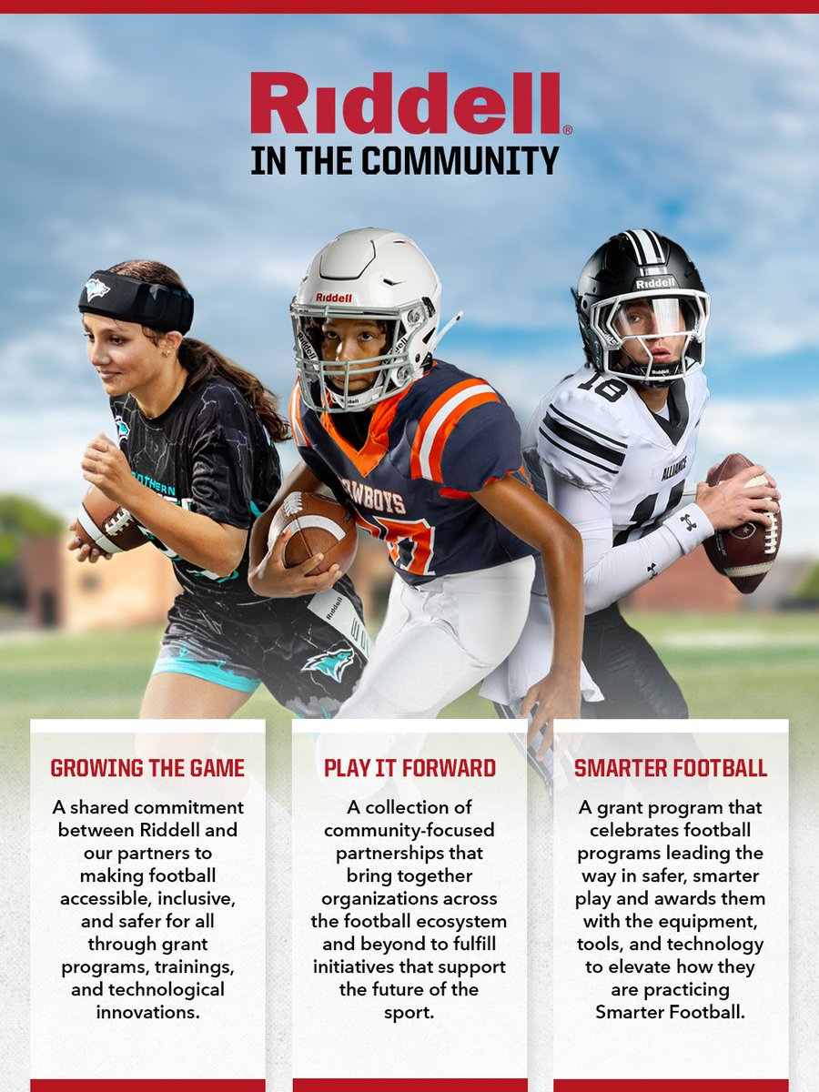RiddellSports's tweet photo. Introducing Riddell in the Community: A commitment to accessible, smart, and inclusive play at every level 🏈

To learn more about Riddell in the Community and its pillars, programs, and partnerships, visit https://t.co/FCVfLziX2g. https://t.co/DsmymCNCpW