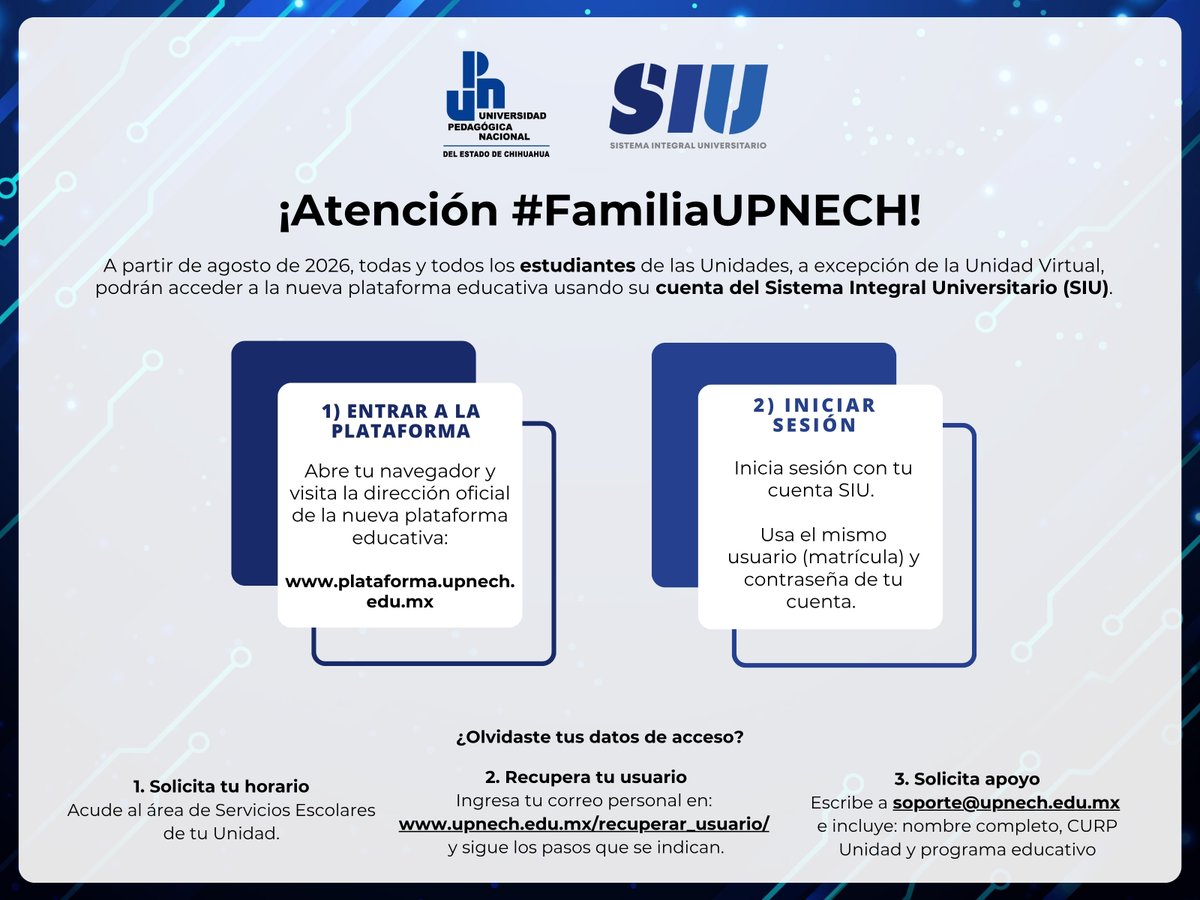 upnechoficial's tweet photo. 💻 ¡La nueva plataforma educativa de la UPNECH ya está aquí! 🌐

A partir de agosto de 2026, estudiantes y asesores de nuestras Unidades Académicas podrán acceder a la nueva plataforma educativa utilizando su cuenta del Sistema Integral Universitario (SIU). https://t.co/vLABiOyxFg