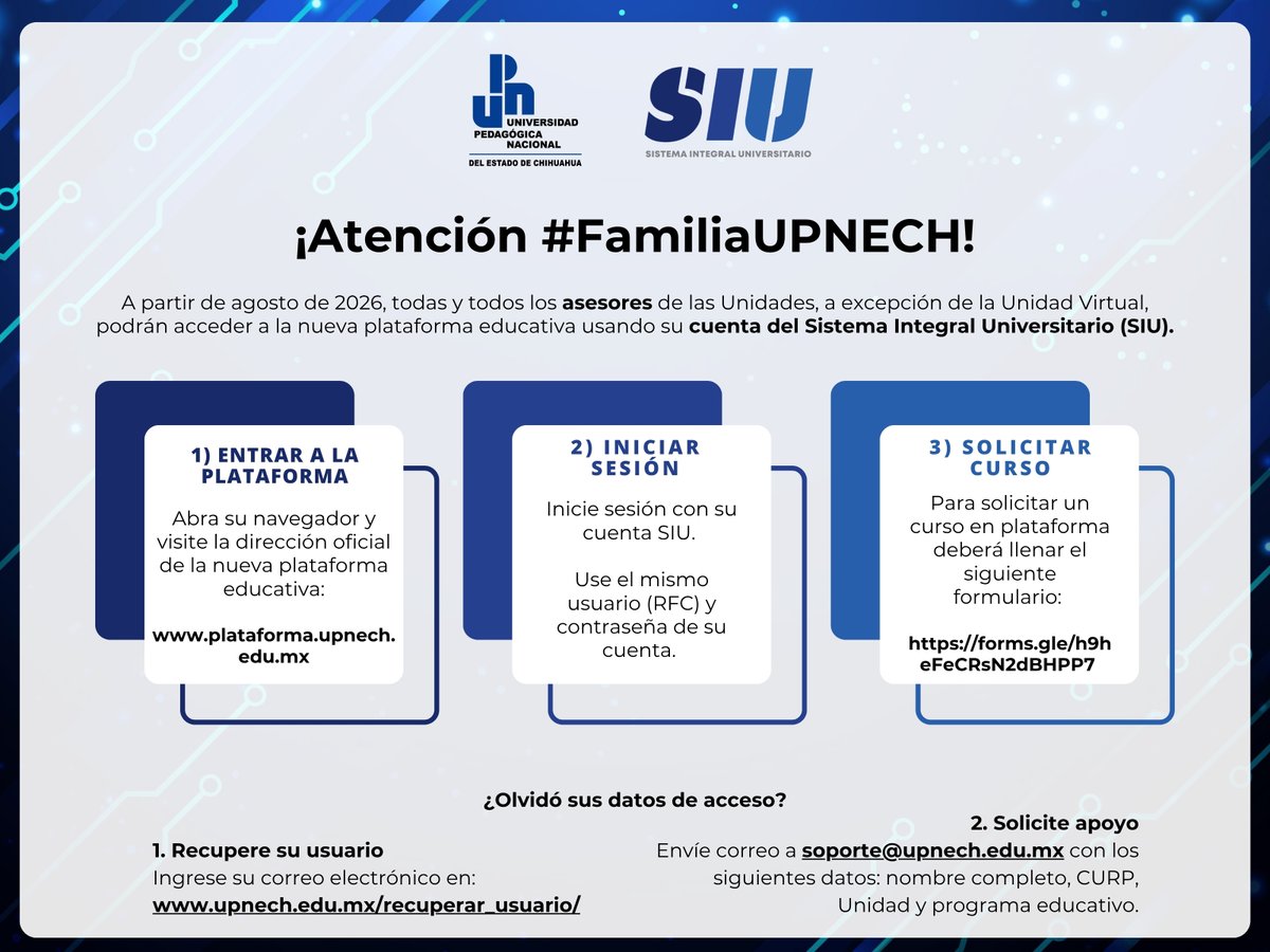 upnechoficial's tweet photo. 💻 ¡La nueva plataforma educativa de la UPNECH ya está aquí! 🌐

A partir de agosto de 2026, estudiantes y asesores de nuestras Unidades Académicas podrán acceder a la nueva plataforma educativa utilizando su cuenta del Sistema Integral Universitario (SIU). https://t.co/vLABiOyxFg