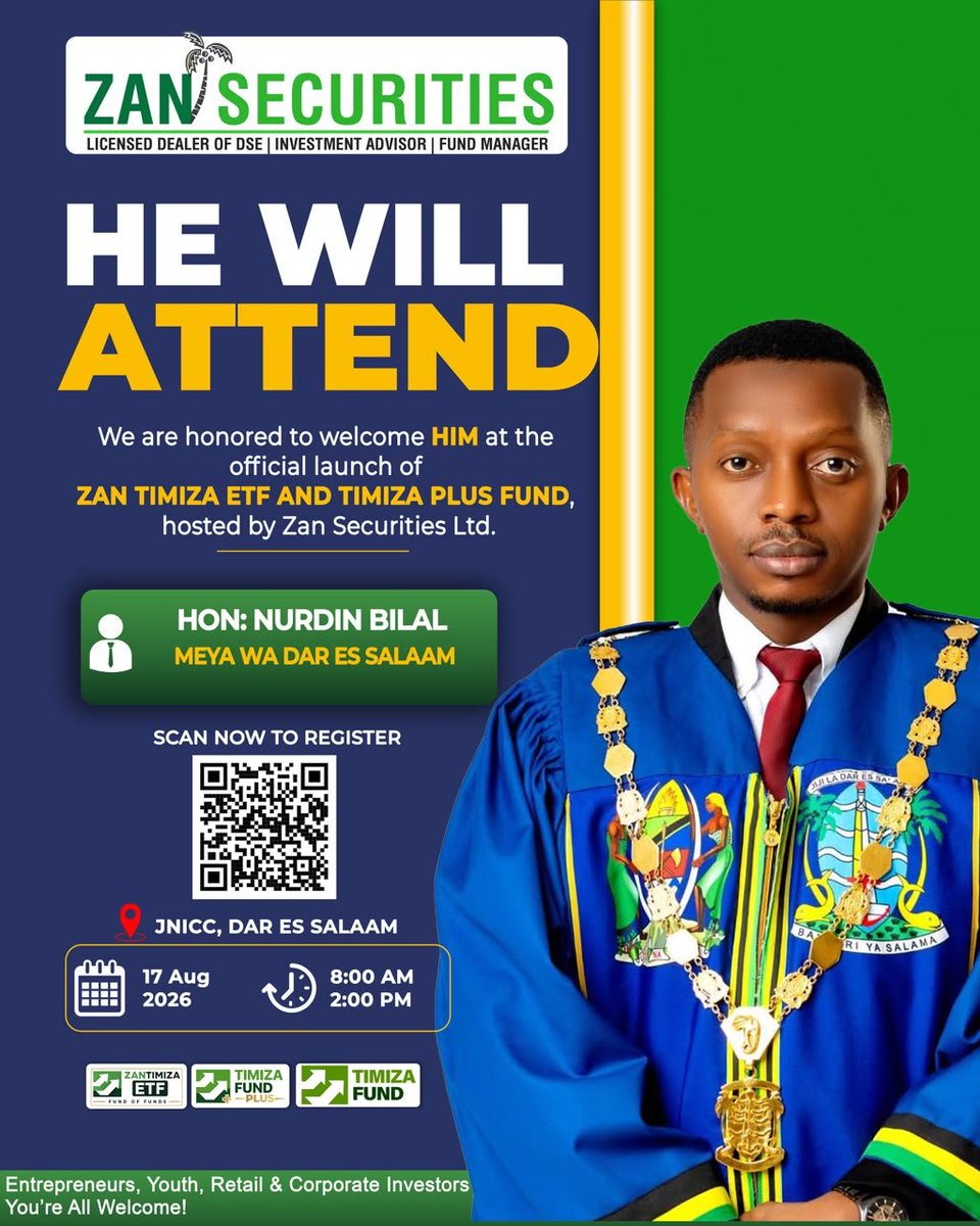 ZanSecurities's tweet photo. 🚀 The countdown is on!

Join us for the launch of ZAN Timiza ETF &amp; Timiza Plus Fund.

📍 JNICC, Dar es Salaam
🗓️ 17 Aug 2026 | ⏰ 8AM–2PM
🎟️ FREE Entry — scan the QR code to reserve your seat!
#ZANSecurities #ZANTimizaETF #TimizaPlusFund https://t.co/oQFwrtFyOc