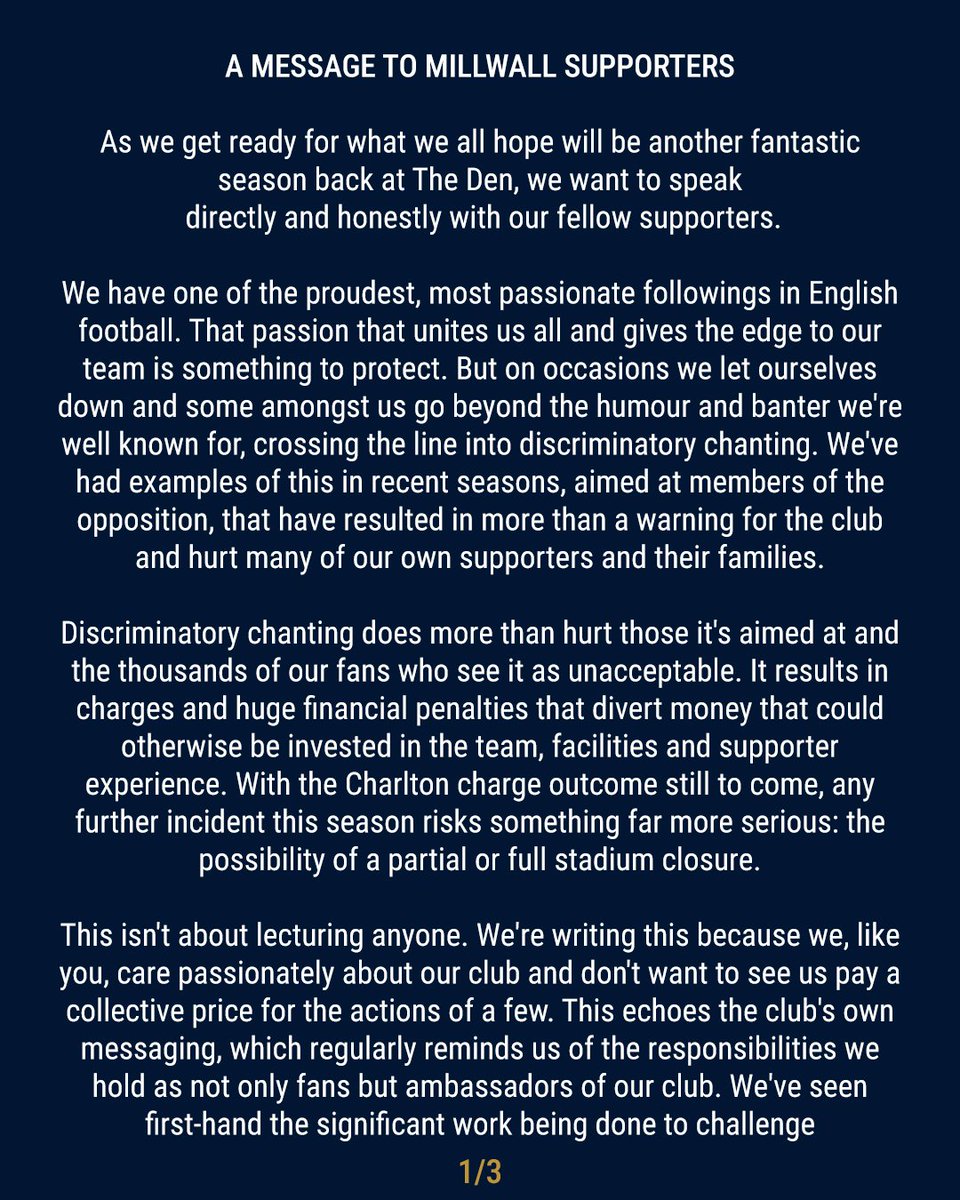 TheMillwallFans's tweet photo. A joint statement from @TheMillwallFans and @MillwallFAB

A message to Millwall supporters

"Protecting Millwall isn't just the Club's responsibility. It's all of ours"

#millwallsupportersclub #fanadvisoryboard https://t.co/9F8yr2MpfE