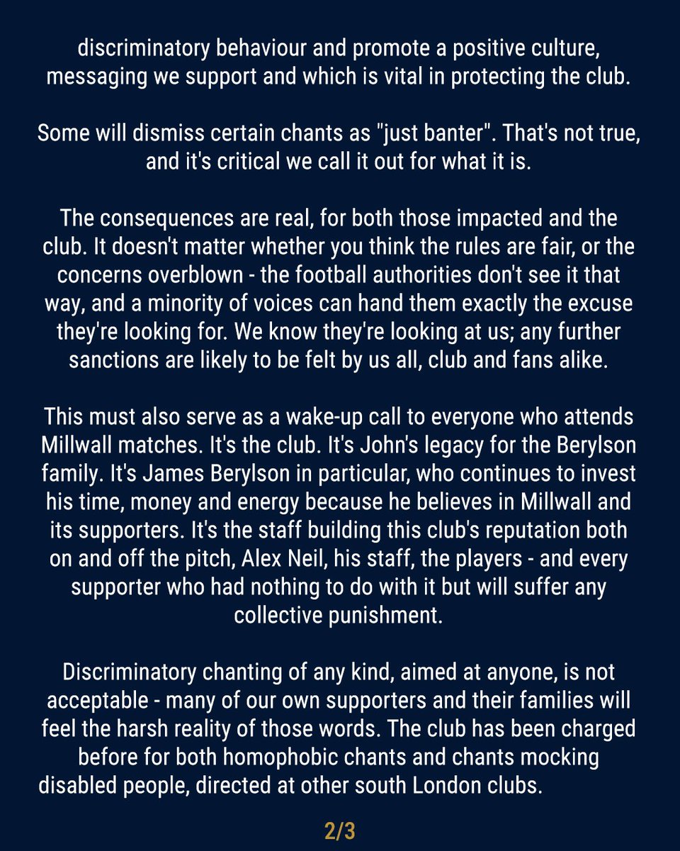 TheMillwallFans's tweet photo. A joint statement from @TheMillwallFans and @MillwallFAB

A message to Millwall supporters

"Protecting Millwall isn't just the Club's responsibility. It's all of ours"

#millwallsupportersclub #fanadvisoryboard https://t.co/9F8yr2MpfE