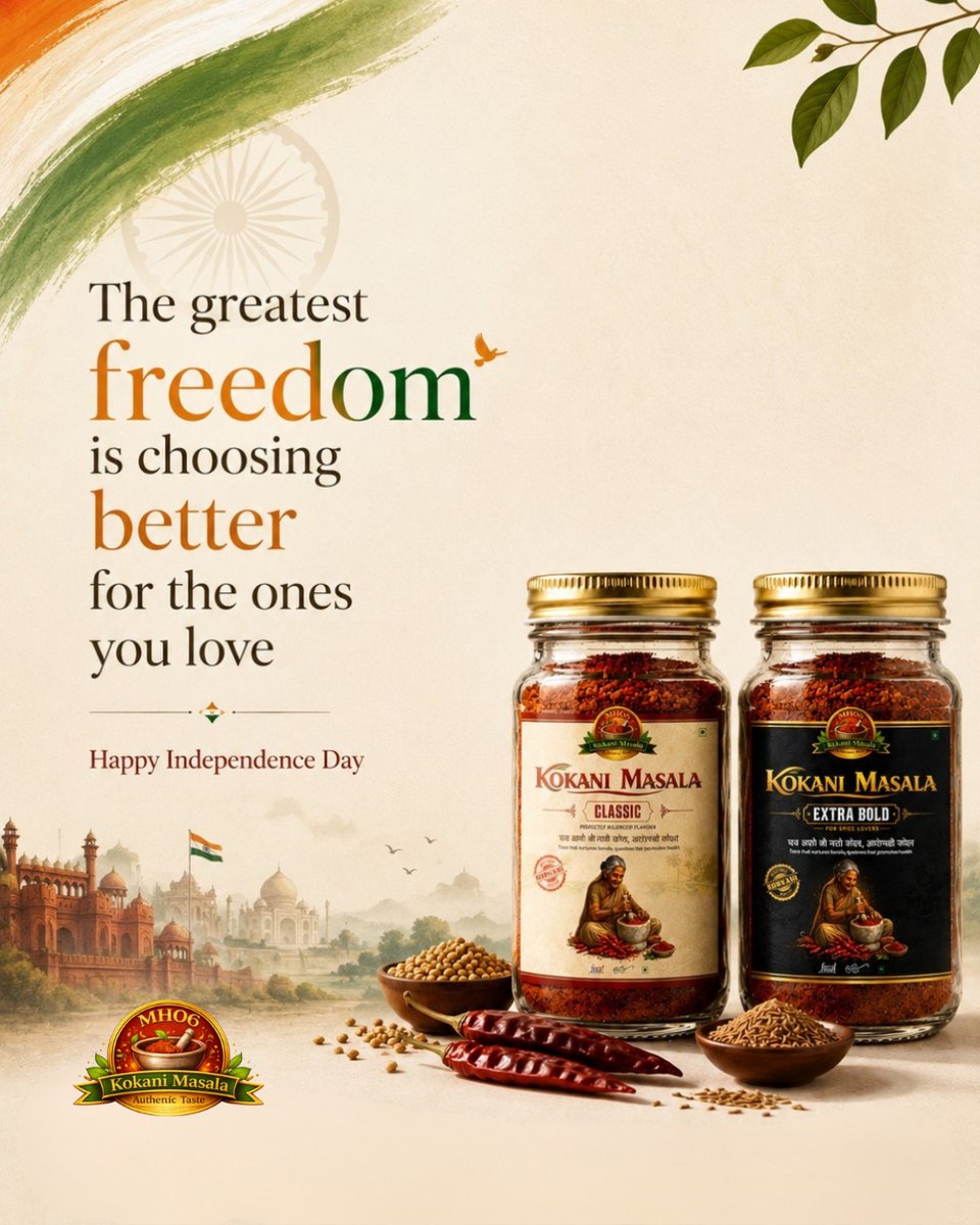 kokanimasala's tweet photo. This Independence Day, choose better for the ones you love. ❤️

Celebrate freedom with fresh, authentic flavours made with care.

MH06 Kokani Masala 
Happy Independence Day

#HappyIndependenceDay  #IndependenceDay #MH06KokaniMasala #AuthenticKokaniTaste #MadeInIndia #IndianFood https://t.co/qsKy0ZlLOw