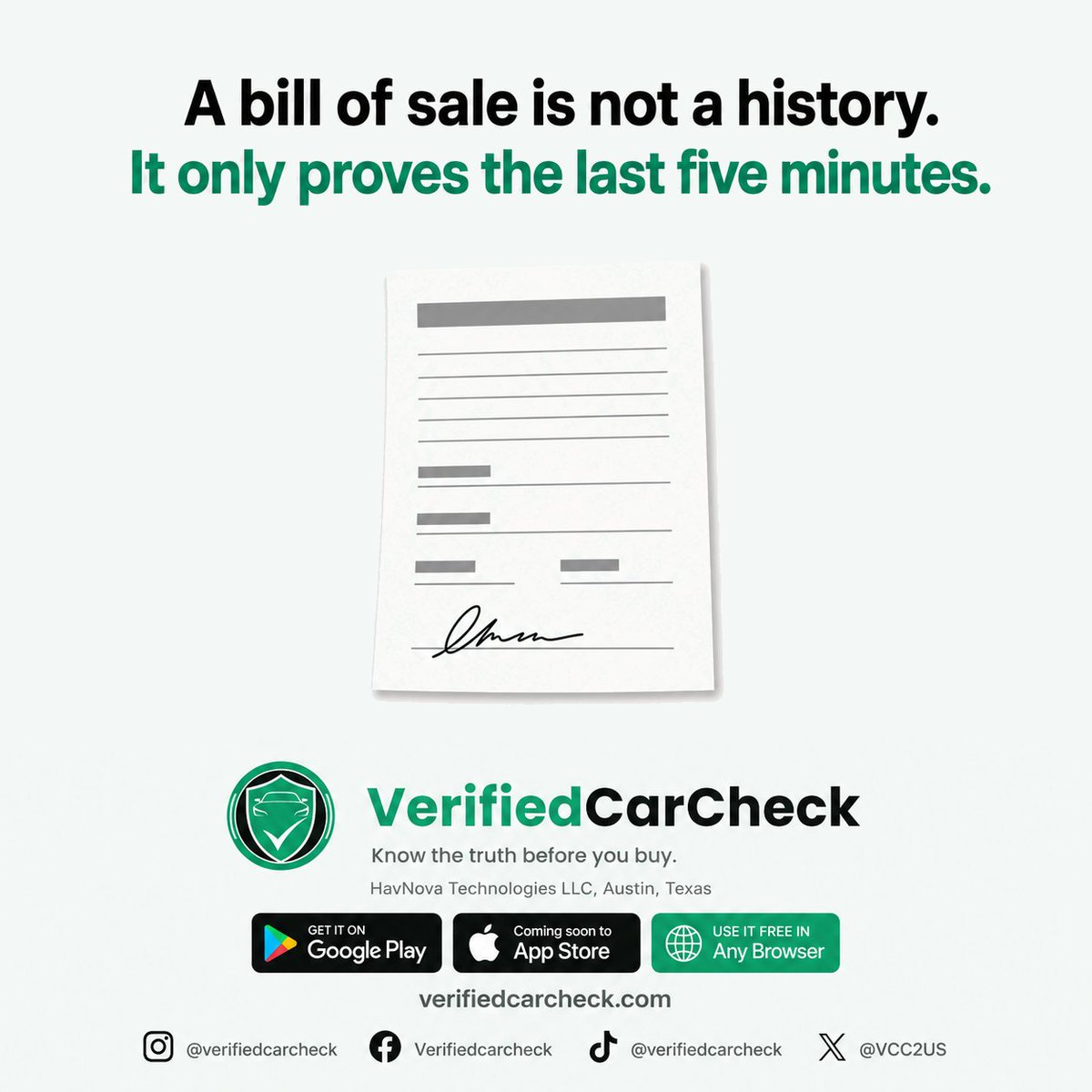 VCC2US's tweet photo. A bill of sale is not a history. It only proves the last five minutes.

The record is attached to the VIN, not to the seller.

https://t.co/7DWPcfaW9D #UsedCars #CarSafety #RecallAlert https://t.co/n3Ysey4XjY