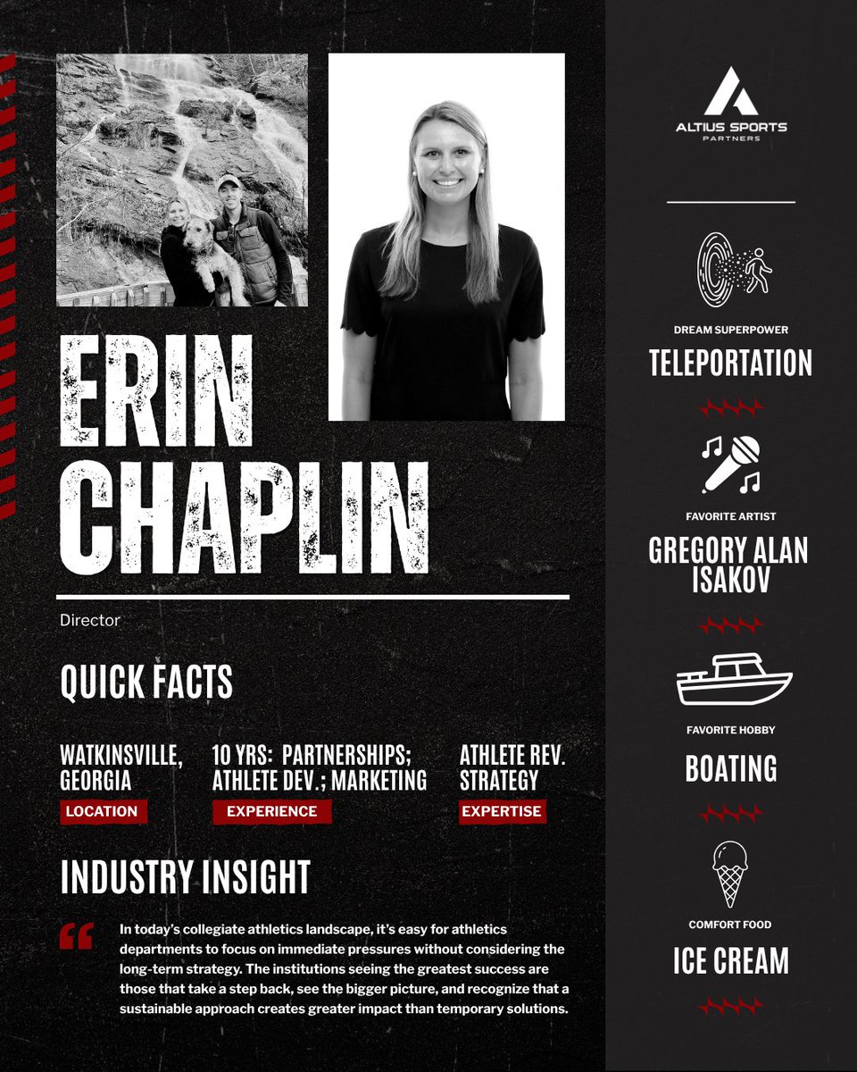 AltiusPartners's tweet photo. ✨ Employee Spotlight of the Month ✨
 
Meet @eholla12, Director at Altius Sports Partners.

With a decade of experience across client partnerships, athlete development, and revenue strategy, Erin helps institutions take a long-term approach to growth, creating sustainable impact in today's collegiate athletics landscape.

An ideal day of Erin's consists of starting the day with oatmeal and a banana, being on a boat with her dog, Izzy, listening to Gregory Alan Isakov, and ending the day with her favorite comfort food: ice cream