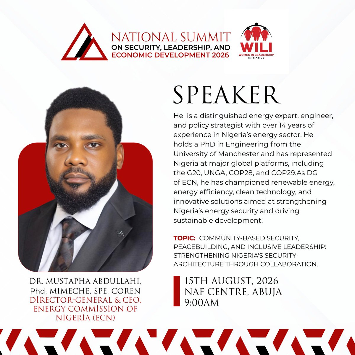 Dr_A_Mustapha's tweet photo. I am honoured to join the National Summit on Security, Leadership and Economic Development 2026 in Abuja on Saturday, August 15, 2026, at 10:00 a.m., where I will speak on the topic, “Energy as a Catalyst for Sustainable Economic Growth and National Development.” The summit provides an important platform to explore how Nigeria can harness its energy potential to drive economic growth, create opportunities and accelerate national development.

I look forward to sharing the platform with the National Chairman of the All Progressives Congress (APC), Professor Nentawe Yilwatda, and the Honourable Minister of Defence, General Christopher Musa (rtd), alongside other distinguished leaders and stakeholders, as we engage on issues critical to Nigeria’s security, leadership and economic prosperity.

#WiLIAfrica
#NationalSummit2026
#EnergySustainability

__DAM