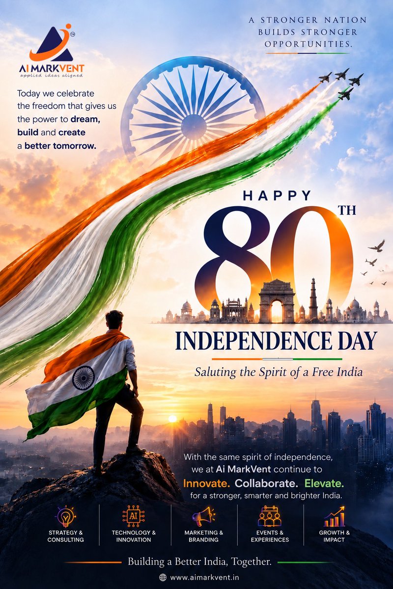 KhannaKuma80850's tweet photo. A stronger nation builds stronger opportunities. ๐ท
Happy 80th Independence Day! Saluting the spirit of a free India.
- https://t.co/wy4Ou8P6rG
โ #aimarkvent #IndependenceDay2026
#InnovateCollaborateElevate #strategyandconsulting #TechnologyAndInnovation #BuildingIndiaTogether https://t.co/nDl6NrHFIN