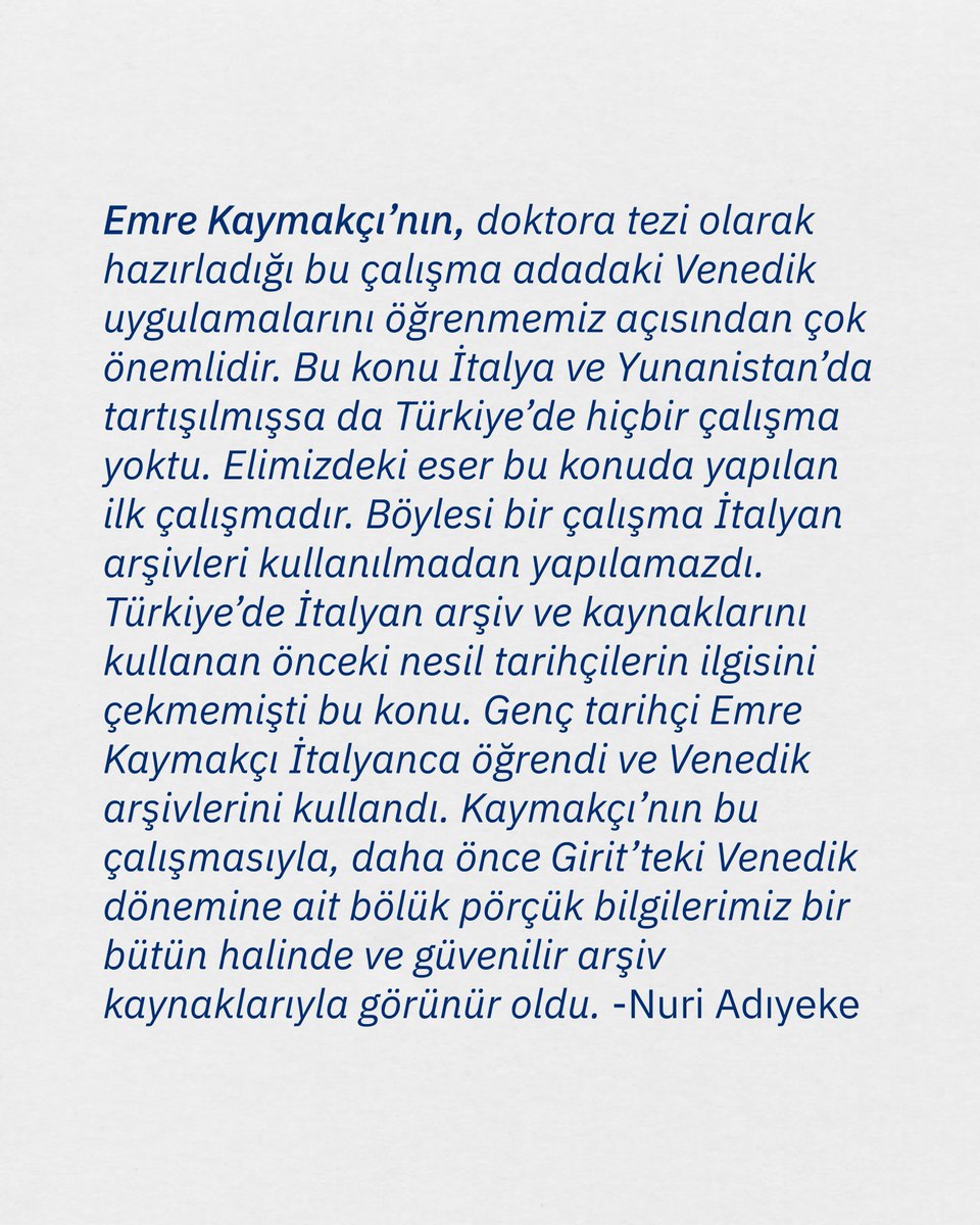 Kabalcikitap's tweet photo. • YENİ! •
Venedik Hâkimiyetinde Girit Adası
1204-1453
Emre Kaymakçı
•
'' Emre Kaymakçı’nın, doktora tezi olarak hazırladığı bu çalışma adadaki Venedik uygulamalarını öğrenmemiz açısından çok önemlidir. Bu konu İtalya ve Yunanistan’da tartışılmışsa da Türkiye’de hiçbir çalışma yoktu. Elimizdeki eser bu konuda yapılan ilk çalışmadır. '' -Nuri Adıyeke

Kitabı %30 indirimle edinmek için; https://t.co/j2xkyJDPee

#kabalcıyayınları #kabalcıkitap #kabalcıtarihkitaplığı #giritadası #venedikhakimiyetinde #emrekaymakçı #yenikitap #kitap