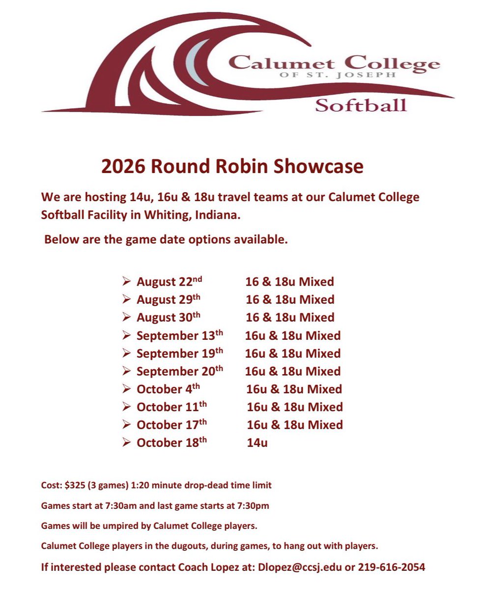 CCSJSOFTBALL's tweet photo. CCSJ Softball Fall Round Robins Update August 14 

Available spots left 
Aug 22nd - 1
Aug 29th - 1
Aug 30th - FULL
Sept 13th - FULL
Sept 19th - 2
Sept 20th - FULL
Oct 4th - FULL
Oct 11th - 1
Oct 17th - 3
Oct 18th - FULL

Email Coach Lopez at Dlopez@ccsj.edu 

#CCSJSOFTBALL🥎 https://t.co/d4FT9TuYjy
