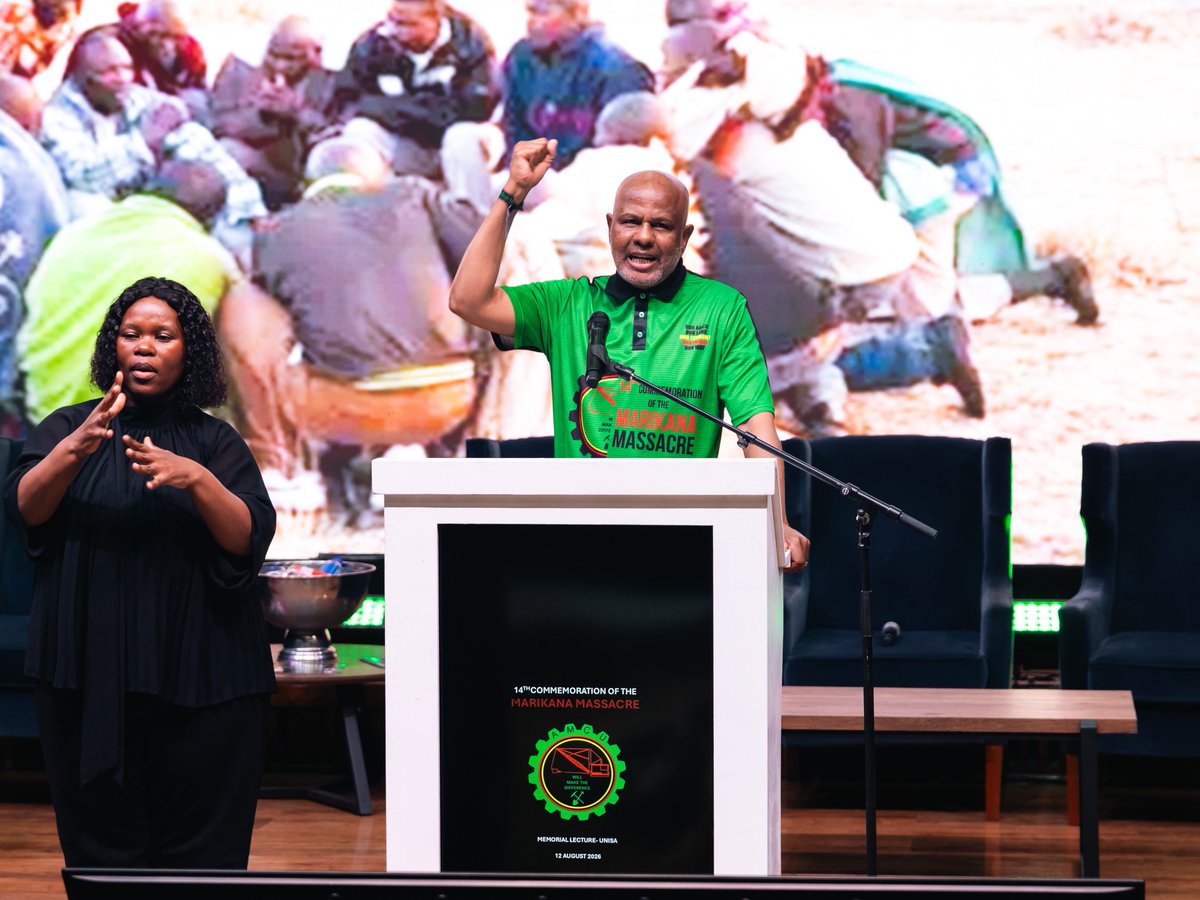 Amcumedia's tweet photo. On 12 August 2026, AMCU hosted its annual Marikana Massacre Memorial Lecture at UNISA.

This question underpins this year’s powerful theme: “Bullets Were Faster Than Economic Emancipation.” ...
#AMCU #Marikana #EconomicEmancipation #EconomicJustice #2026 https://t.co/NG2LVESaex