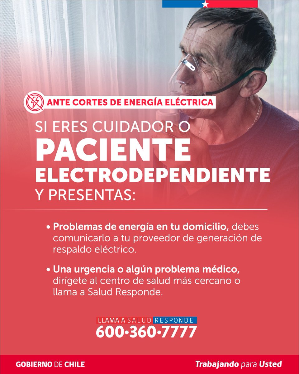 ministeriosalud's tweet photo. Si eres cuidador o paciente electrodependiente, es fundamental saber cómo actuar ante una interrupción del suministro eléctrico en tu hogar:

Si tienes problemas de energía en tu domicilio: Comunícate de inmediato con tu proveedor o @Salud_Responde 600 360 7777. https://t.co/jNcHuUNoZc