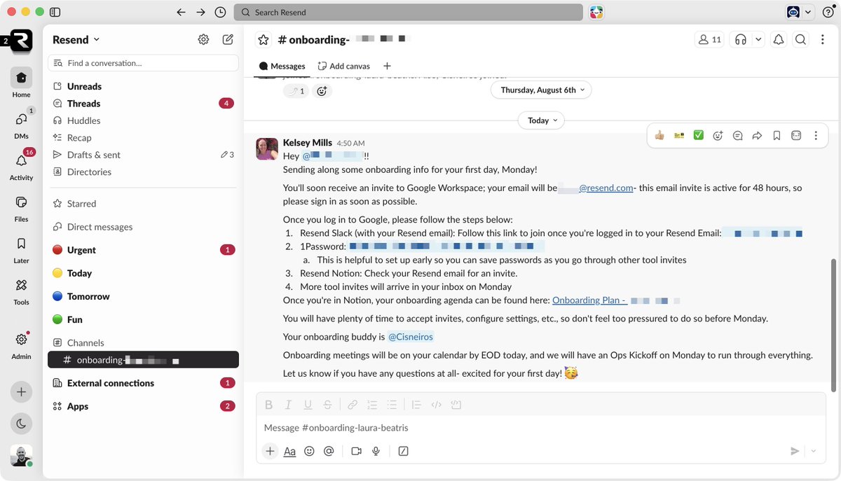 jonnilundy's tweet photo. A new employee's first day is so important. Small blips can make a person feel unwelcome or insecure.

Using the same principles from UX and applying them to EX (employee experience), we want each new person to feel part of the team (the "Aha!" moment) as soon as possible.

For us, that means getting them into Slack.

The default assumption was to do this all by email, but email is slow, easy to miss threads, and makes people feel like they are not one of us yet.

After a person signs an offer, we add that person to Slack as a guest. Then the person can ask questions and get immediate response, but most importantly, they can feel that they are already on the team.