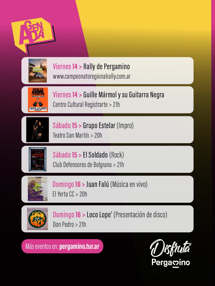 MuniPergamino's tweet photo. 🎶 Mirá todo lo que podés hacer este fin de semana largo en Pergamino! 
Más eventos en https://t.co/SWv2gXfqHo https://t.co/hUHqXfl8Lo
