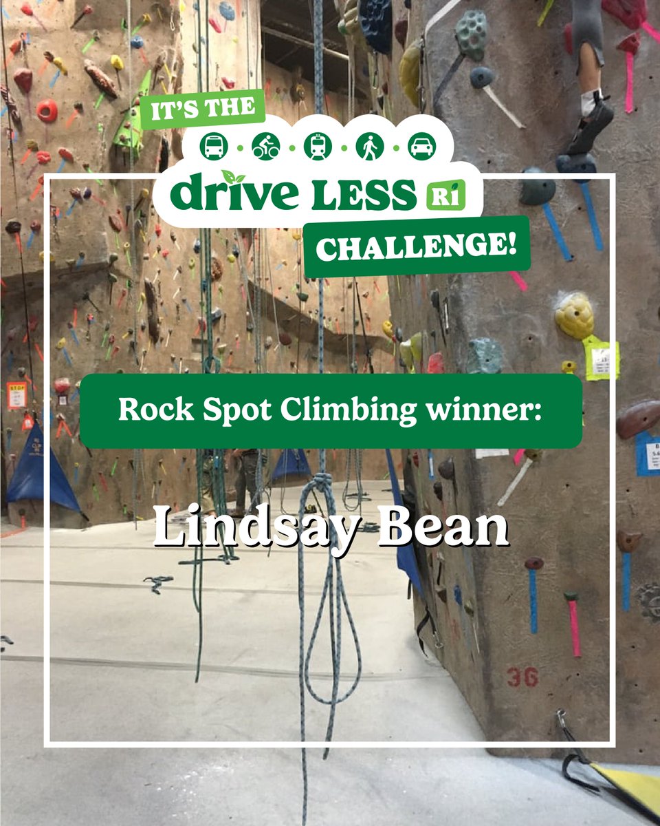 DriveLessRI's tweet photo. 🧗‍♀️ Congrats to this week’s #DriveLessRI winner, Lindsay Bean! 🎉

Lindsay logged 10 green trips this week and won a @RockSpotClimb gift card! 👏

Keep logging your green trips for more chances to win weekly prizes + our Fall Fun quarterly prize! 🍂

Next up, @LangsBowlarama ! https://t.co/ZuhZHQK4WS
