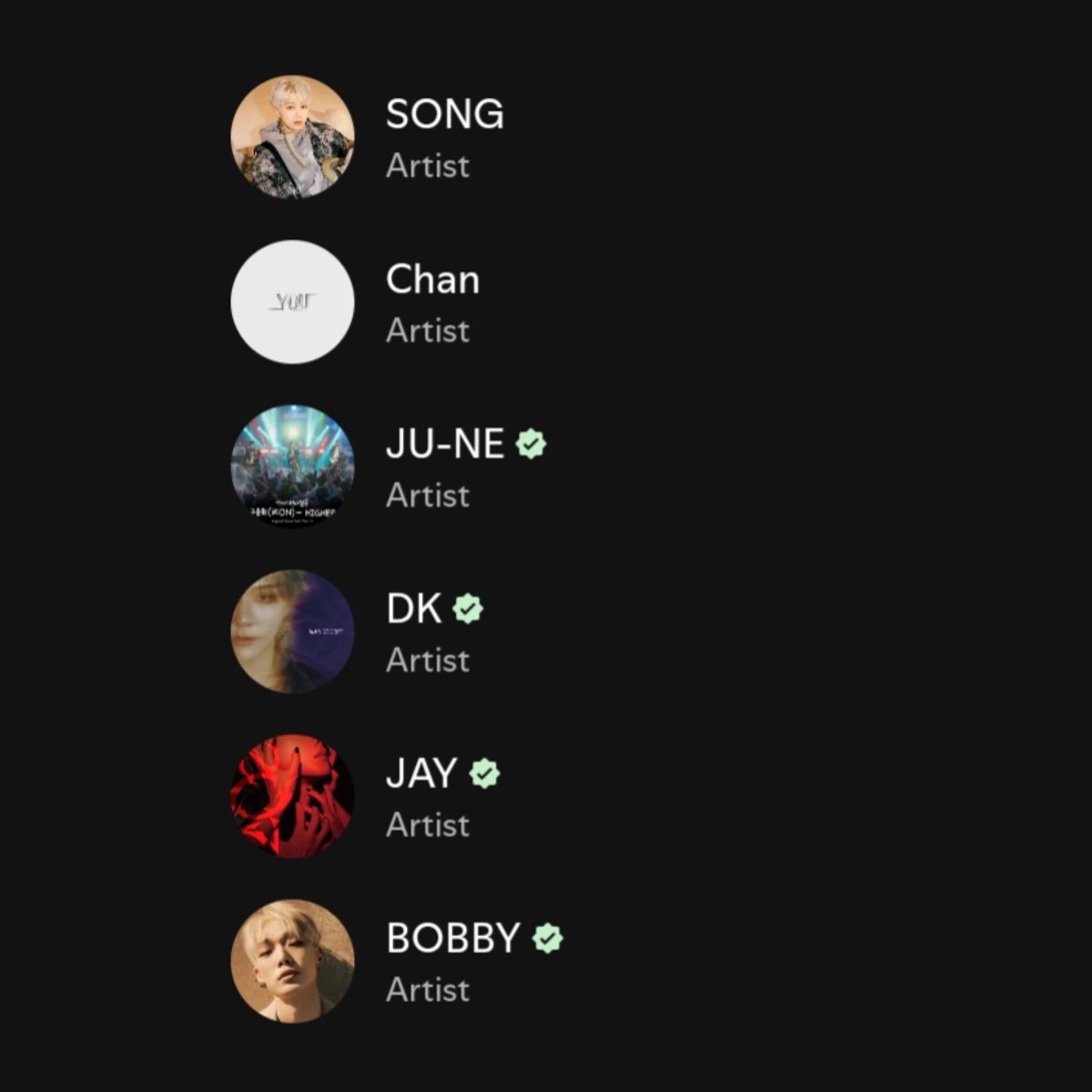 iKONICtalk's tweet photo. Did you know? 

BOBBY, JAY, DK, and JU-NE have verified badges ✅ on their Spotify artist accounts as soloists. Song Yunhyeong and Jung Chanwoo don't have theirs yet. Maybe they'll get them when they release more solo music.🙏 https://t.co/lRdyCuQjIx