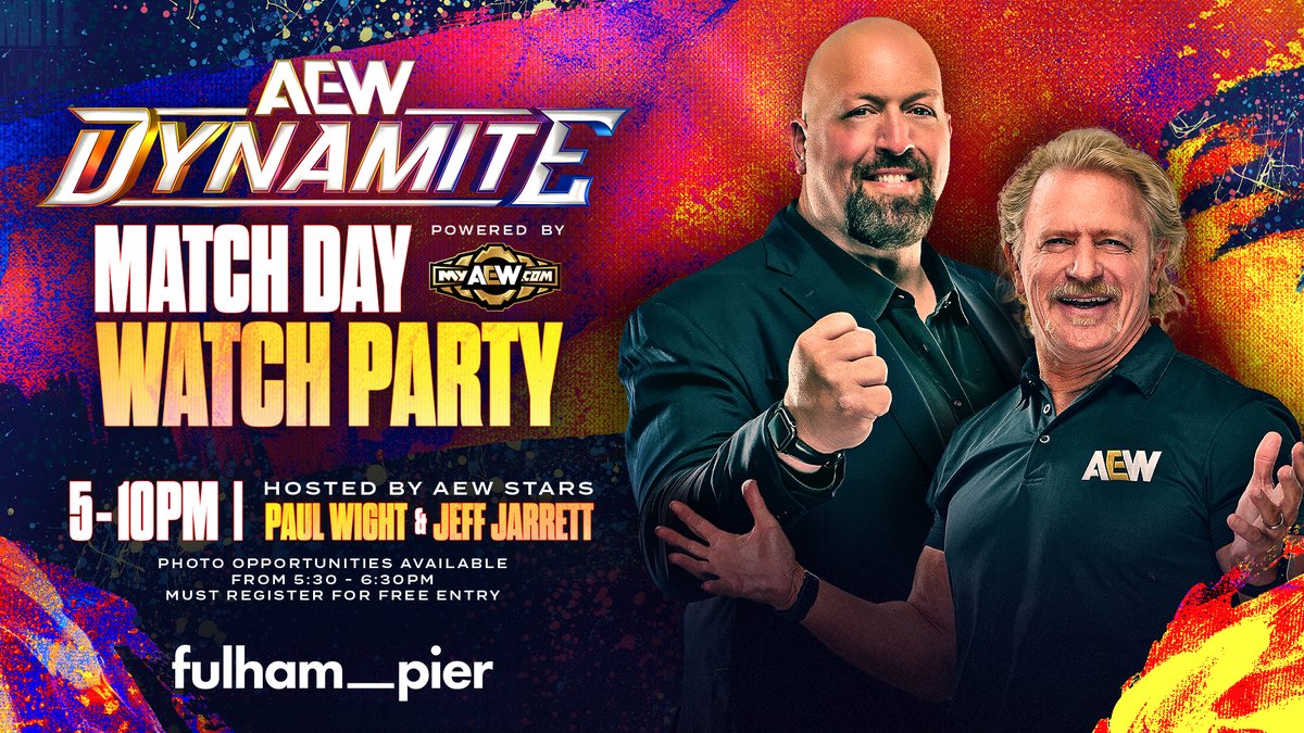 AEW's tweet photo. AEW fans! On Wednesday, 26 August, we're hosting a special, free AEW Dynamite Match Day Watch Party at Fulham Pier, powered by MyAEW!

Fans in attendance will be able to watch that evening’s edition of AEW Dynamite live from Glasgow, Scotland on the big screen at Fulham Pier. https://t.co/gsF0oHfkPi
