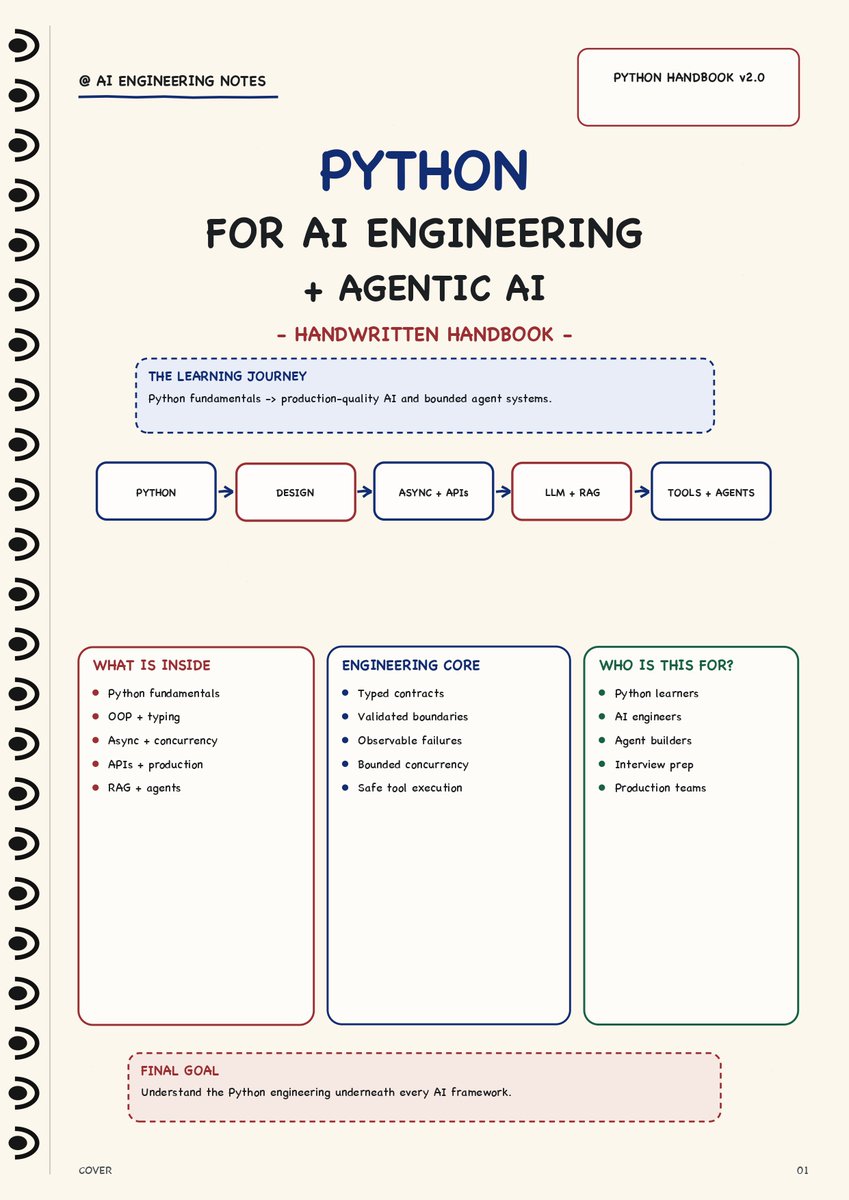 darshilshah22's tweet photo. I created a comprehensive handwritten Python notebook designed specifically for AI and Agentic AI Engineering.
It connects Python fundamentals with real-world LLM applications, RAG pipelines, AI agents, tool calling, async workflows, APIs, multi-agent systems, and production engineering.
Python → AI Engineering → Agentic AI

DM me, and I will send you the full PDF