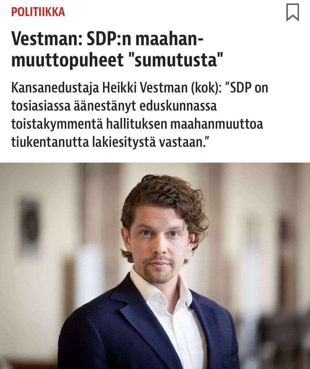 HVestman's tweet photo. SDP:n tuoreet maahanmuuttopuheet ovat pelkkää punaista pajunköyttä: SDP on todellisuudessa toistuvasti eduskunnassa vastustanut samoja tavoitteita, joita se nyt muka väittää ajavansa.

SDP on äänestänyt toistakymmentä Orpon hallituksen maahanmuuttoa tiukentanutta lakiesitystä vastaan. Se on vastustanut esimerkiksi:

🔻maahanmuuttajan vahvempia velvoitteita kielenoppimiseen;
🔻maahanmuuttajan velvoitetta korvata käyttämättä jätetyn tulkkauspalvelun kustannukset;
🔻kielteisen turvapaikkapäätöksen saaneen karkotuksen helpottamista;
🔻suojeluaseman lakkauttamista vakavaan rikoksen syyllistymisen ja turvallisuusuhan perusteella.

Tällaisten näyttöjen jälkeenkö pitäisi uskoa SDP:n maahanmuuttopuheita?

Kuvaavaa on, että SDP keskittyy linjauksissaan ”arvioimaan”, kun hallitus on jo toiminut.

SDP haluaa ”arvioida” sosiaaliturvan sitomista kielen oppimiseen. Hallitushan on jo kesäkuussa antanut lakiesityksen kotoutumistuesta, jolla täyden sosiaaliturvan ehdoksi tulee kielitaito tai työnteko. Kokoomuksen mielestä työttömyysturvan ehdoksi pitää asettaa jatkossa työnteko.

SDP haluaa lisäksi ”arvioida” tulkkauspalvelun rajaamista - jota viime kaudella vastustivat, kun sitä esitimme. Kokoomus haluaa rajata tulkkauspalvelun kahteen vuoteen.

SDP:n puheet jengirikollisuuden torjumisesta ovat niin ikään epäuskottavia.

Tytti Tuppurainen on ilmoittanut SDP:n kaatavan eduskunnassa uudet jengi- ja järjestäytyneen rikollisuuden torjuntatoimivaltuudet poliisille. 

Turvallisuusviranomaiset pitävät vaarallisen, usein ulkomaille kytkeytyvän jengi- ja järjestäytyneen rikollisuuden torjumiseksi keskeisenä, että poliisi voisi hankkia rikostiedustelulla tietoa rikollisryhmistä jo ennen kuin yksittäinen rikos on tapahtunut tai sitä valmistellaan.

Rikostiedustelulaki edellyttää kuitenkin kiireellistä perustuslain muutosta, johon määräenemmistövaatimuksen vuoksi tarvitaan myös SDP:n tuki.

Muun muassa tämän suomalaisten turvallisuutta parantavan lakiesityksen vaatiman perustuslain tarkistuksen SDP suunnittelee kaatavansa eduskunnassa.

Elleivät sitten tarkista kantaansa suomalaisten turvallisuuden hyväksi.