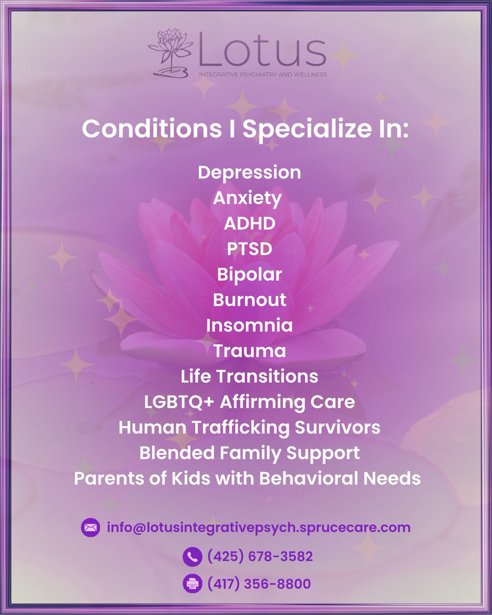 lotuspsych's tweet photo. I focus on these specific areas to give you the most informed, personalized medication support possible — all from the comfort of your home. 🖥️

#mentalhealth #washington #oregon #adhd #bipolar #ptsd #depression #anxiety #burnout #trauma #lgbtq #insomnia #telehealth #psychiatry https://t.co/pxuTiSe34s
